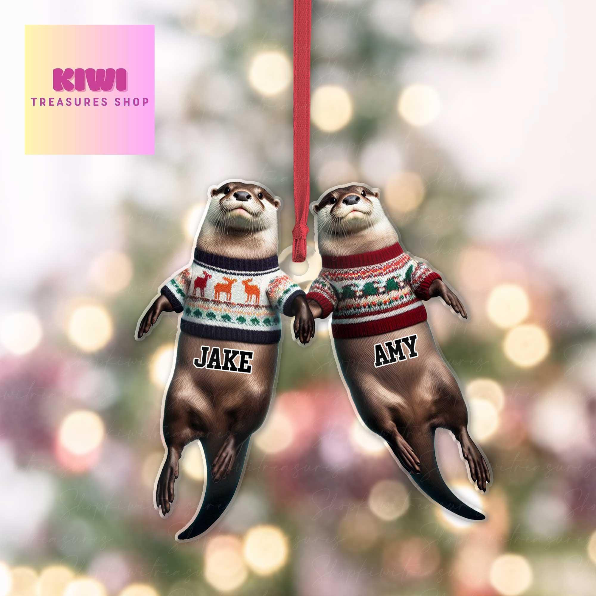 Personalized Christmas otter couple floating FLAT 2D Ornament, otter lover gift, gift for couple, anniversary gift, valentine gift