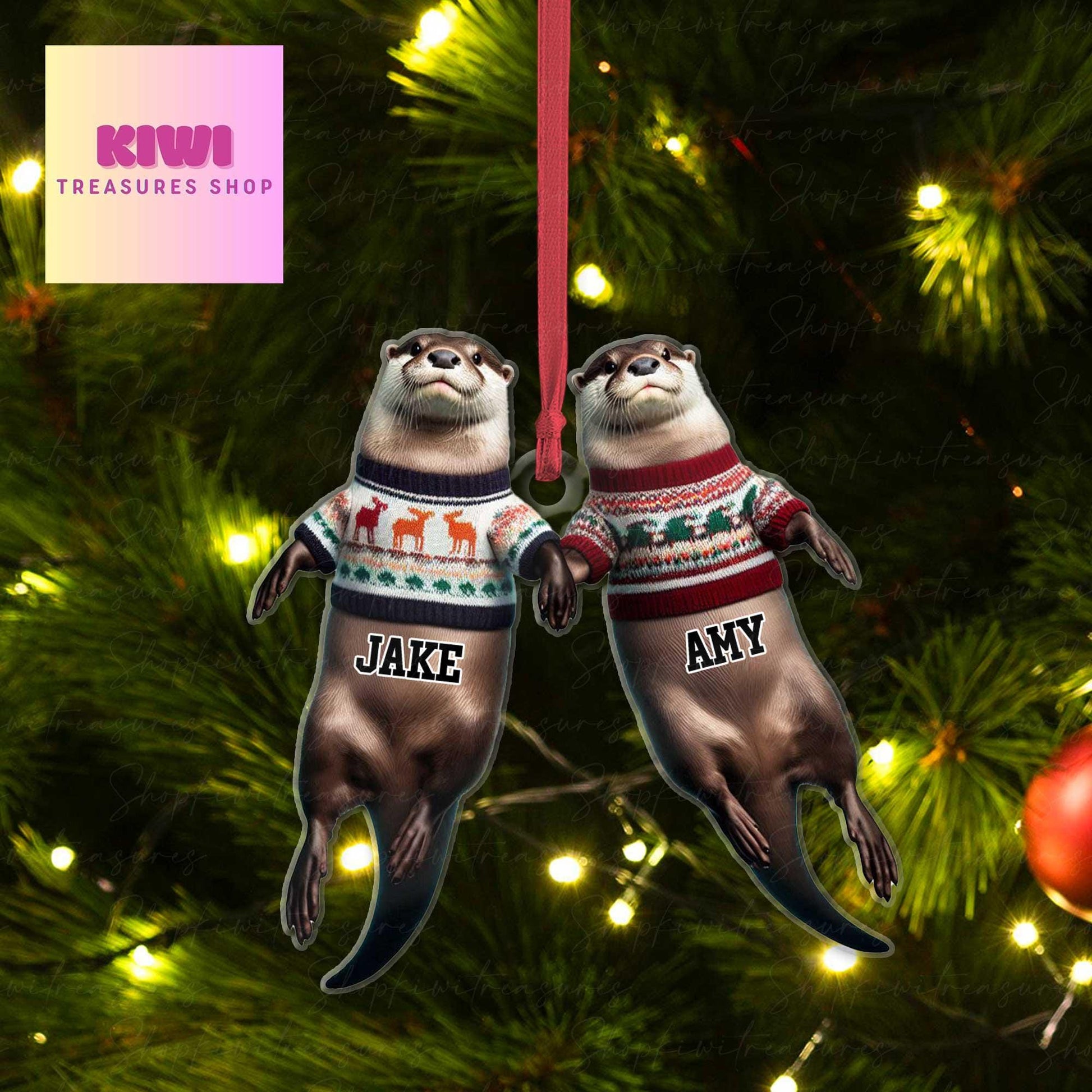 Personalized Christmas otter couple floating FLAT 2D Ornament, otter lover gift, gift for couple, anniversary gift, valentine gift