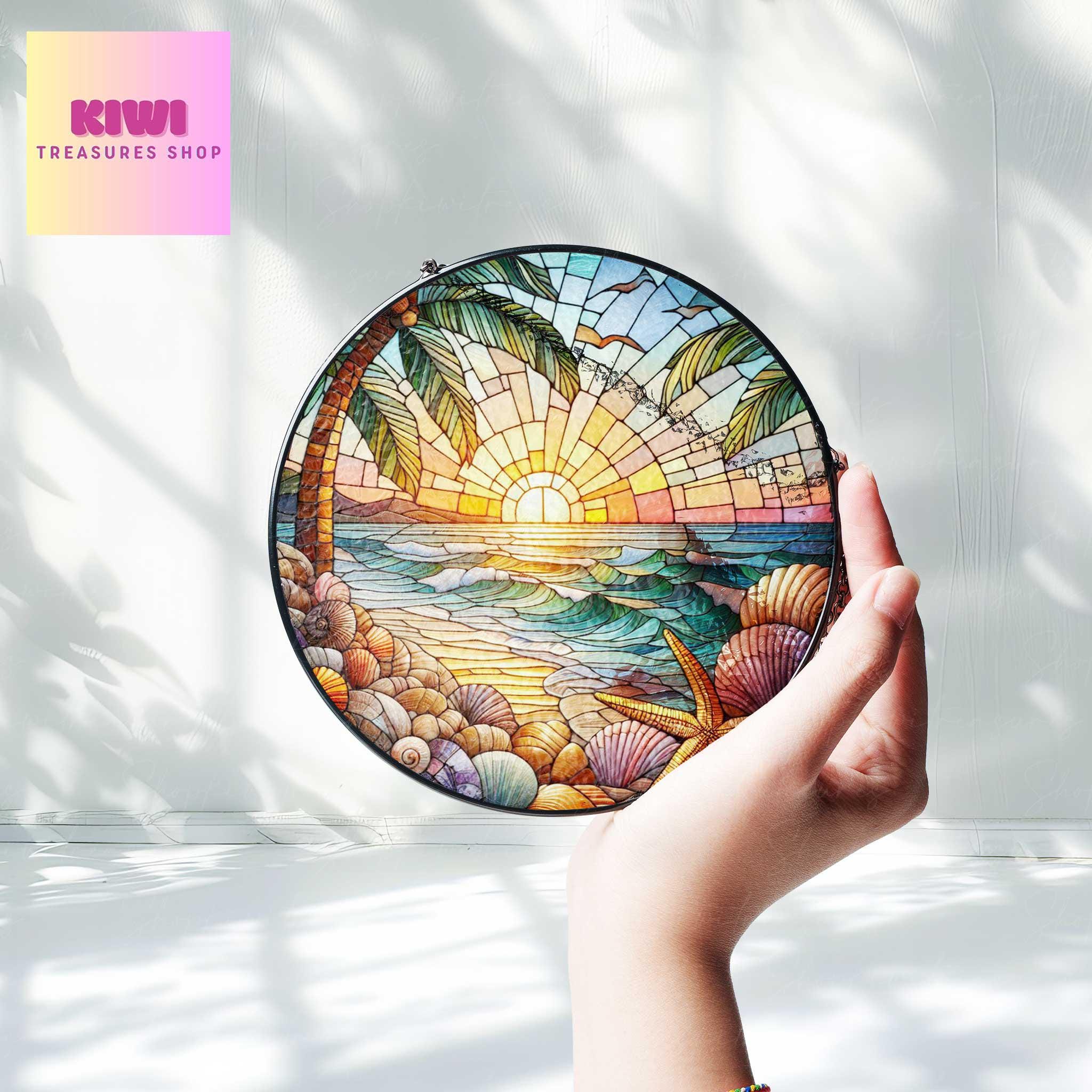 Coastal seashell Sunset Beach Glass Suncatcher Beachy Starfish Ornament with Shells, Beach House Decor, Marine Life Ornament, Beach Life