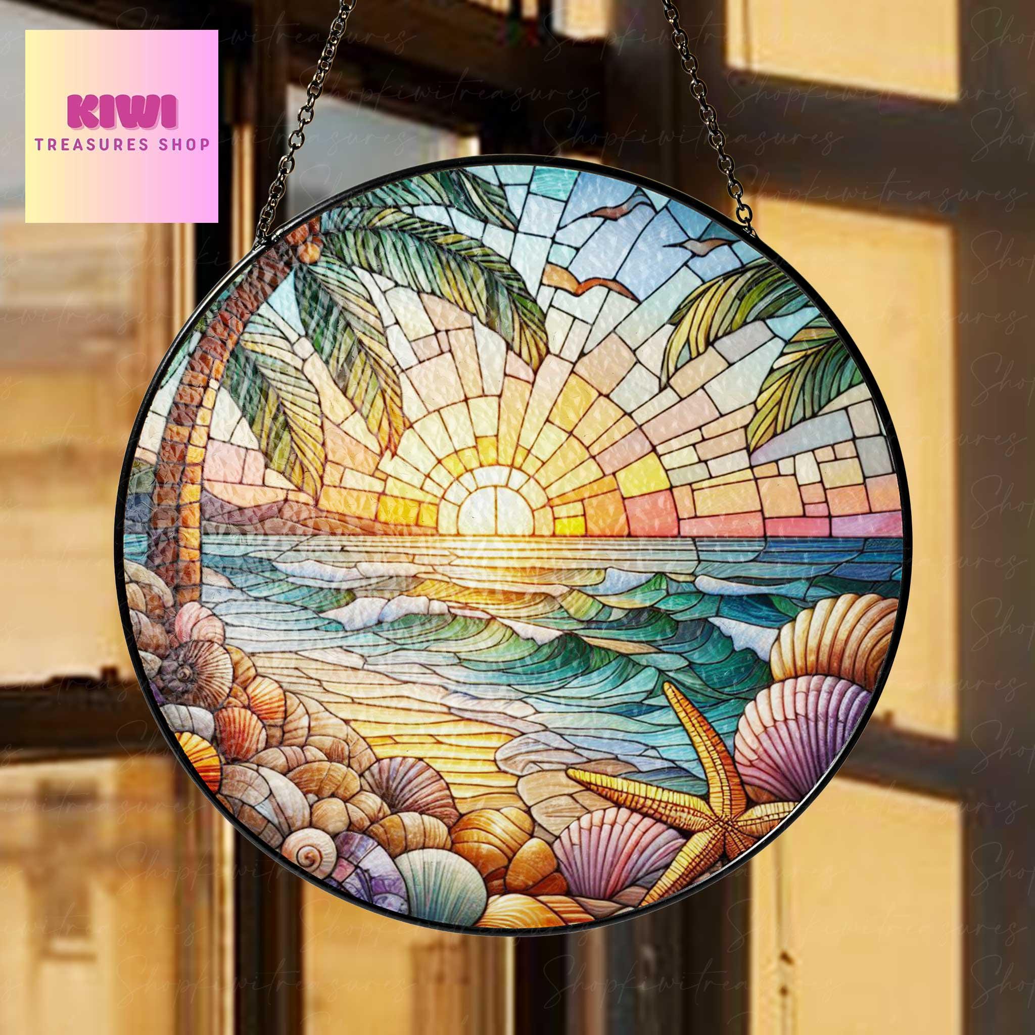 Coastal seashell Sunset Beach Glass Suncatcher Beachy Starfish Ornament with Shells, Beach House Decor, Marine Life Ornament, Beach Life
