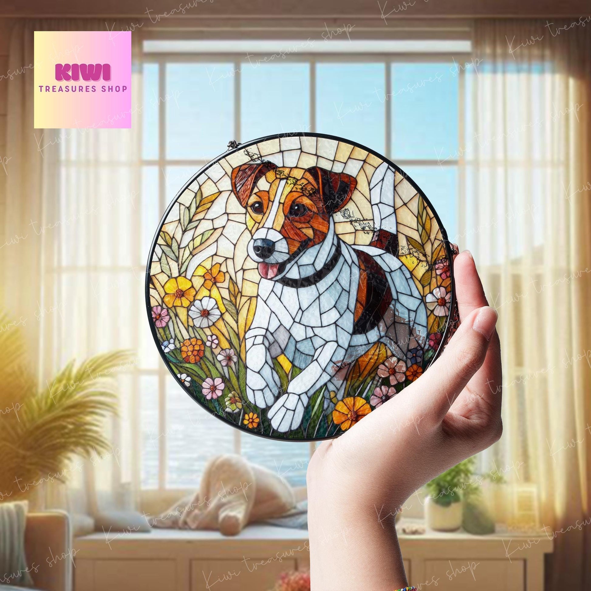 Jack Russell Terrier wildflowers GLASS Suncatcher Hanging, Jack Russell Terrier glass, dog suncatcher hanging, dog mom gift