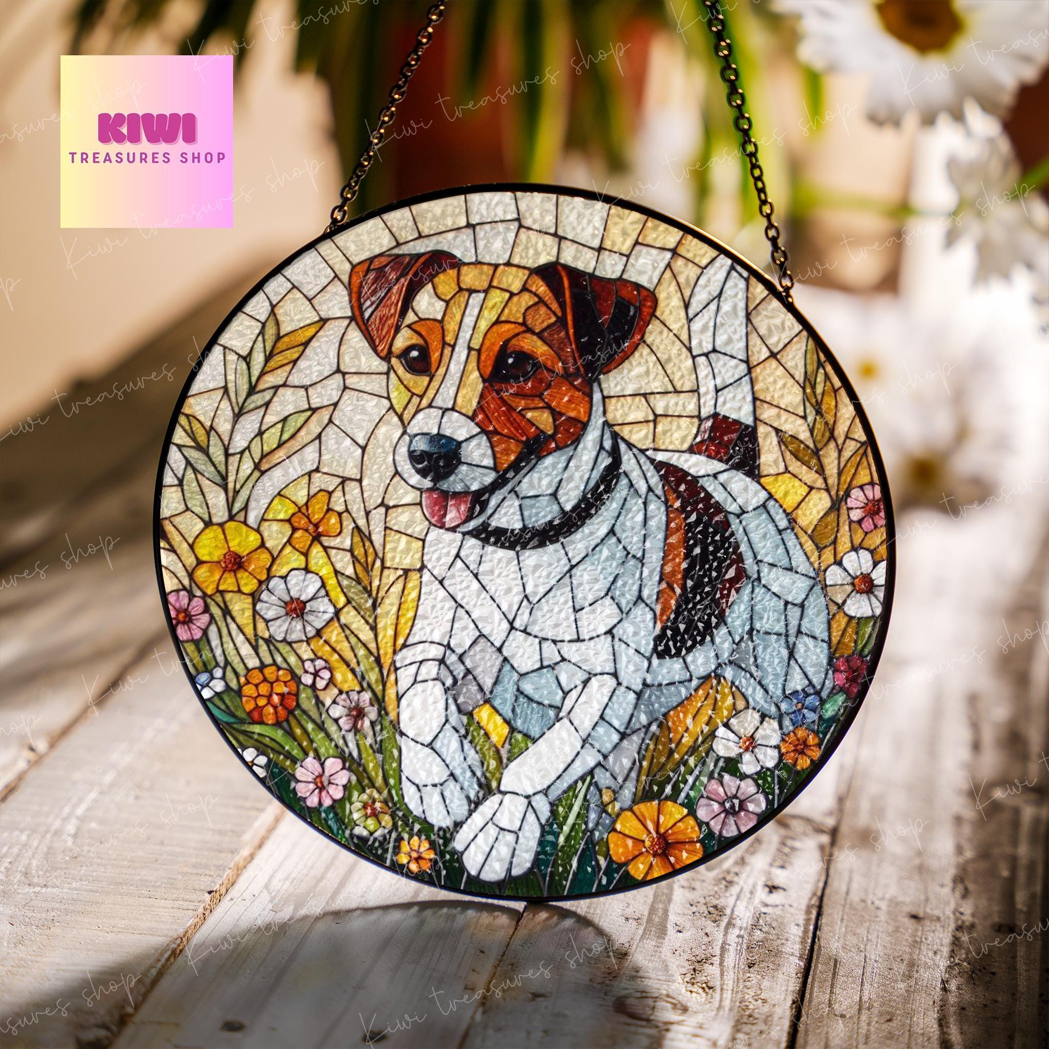Jack Russell Terrier wildflowers GLASS Suncatcher Hanging, Jack Russell Terrier glass, dog suncatcher hanging, dog mom gift