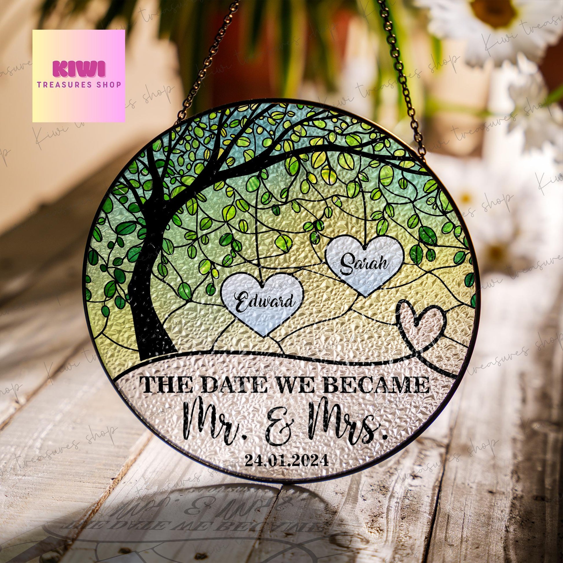 Custom wedding anniversary GLASS Suncatcher Hanging, Anniversary couple suncatcher window decor, Bridal Shower Home Wall gift suncatcher