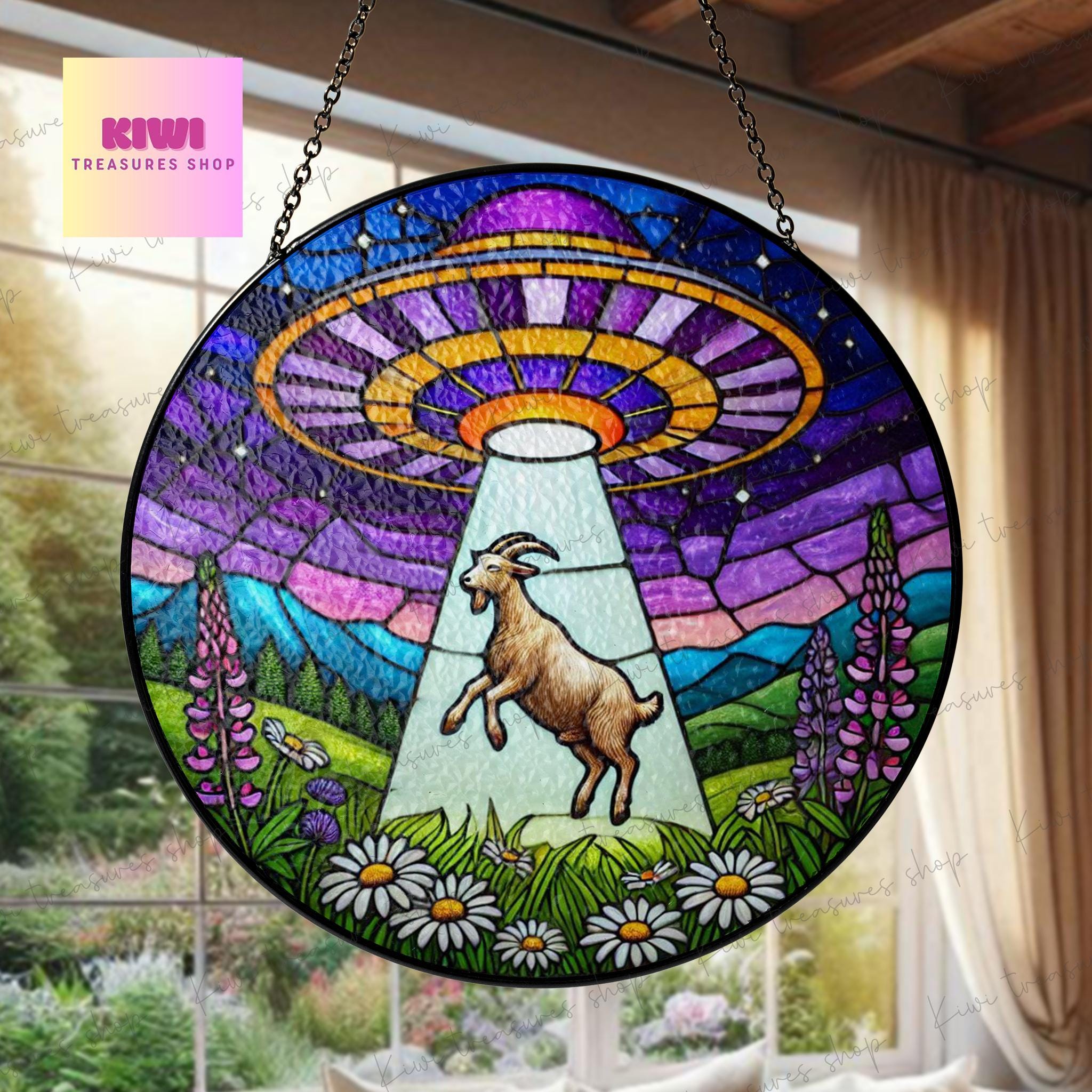 UFO Abduction goat Wildflowers Glass Suncatcher Hanigng, goat Window Hanging, Indoor Decor, wildflower suncatcher