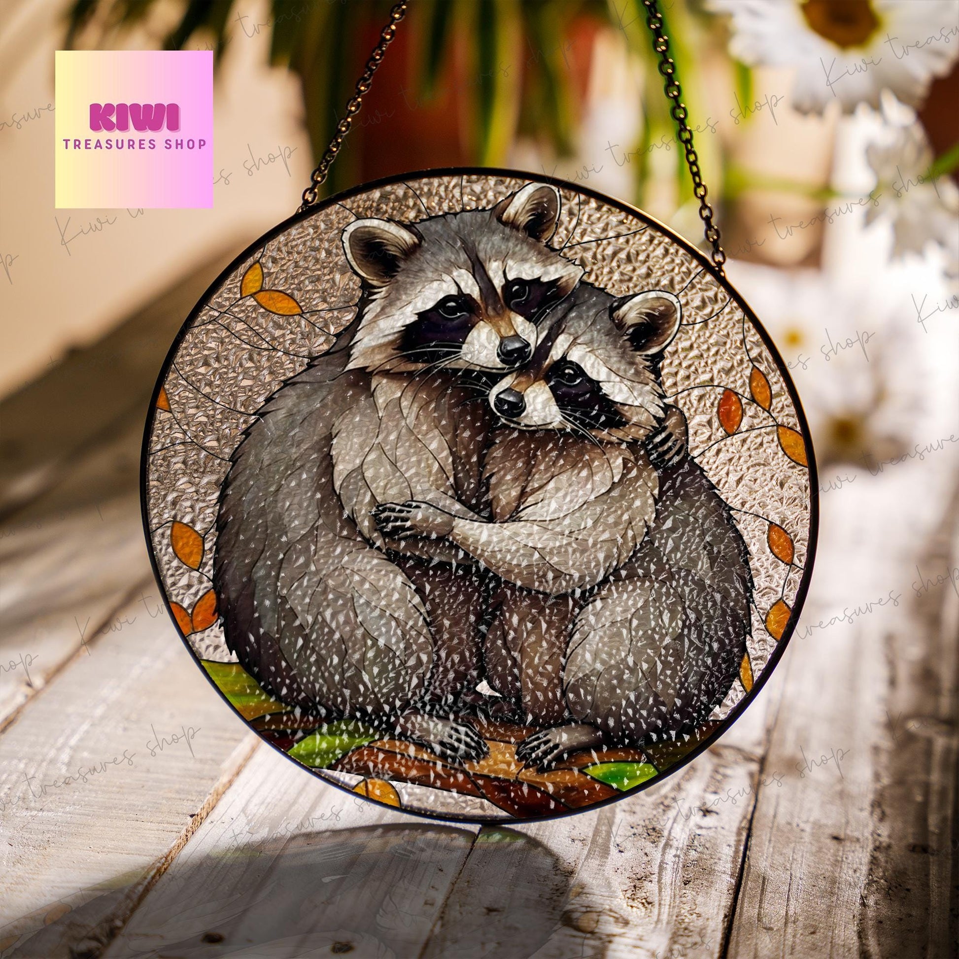 Raccoon hugging GLASS Suncatcher, Raccoon Decor, Sunflower Decor, Gift For Raccoon Lover, Funny couple gift, anniversary gift