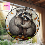Raccoon hugging GLASS Suncatcher, Raccoon Decor, Sunflower Decor, Gift For Raccoon Lover, Funny couple gift, anniversary gift