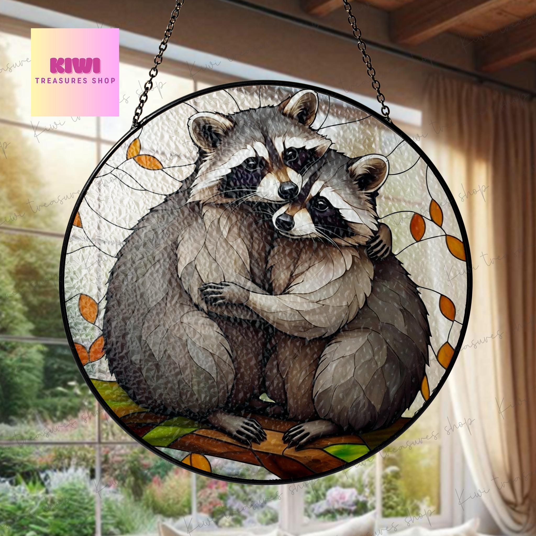 Raccoon hugging GLASS Suncatcher, Raccoon Decor, Sunflower Decor, Gift For Raccoon Lover, Funny couple gift, anniversary gift