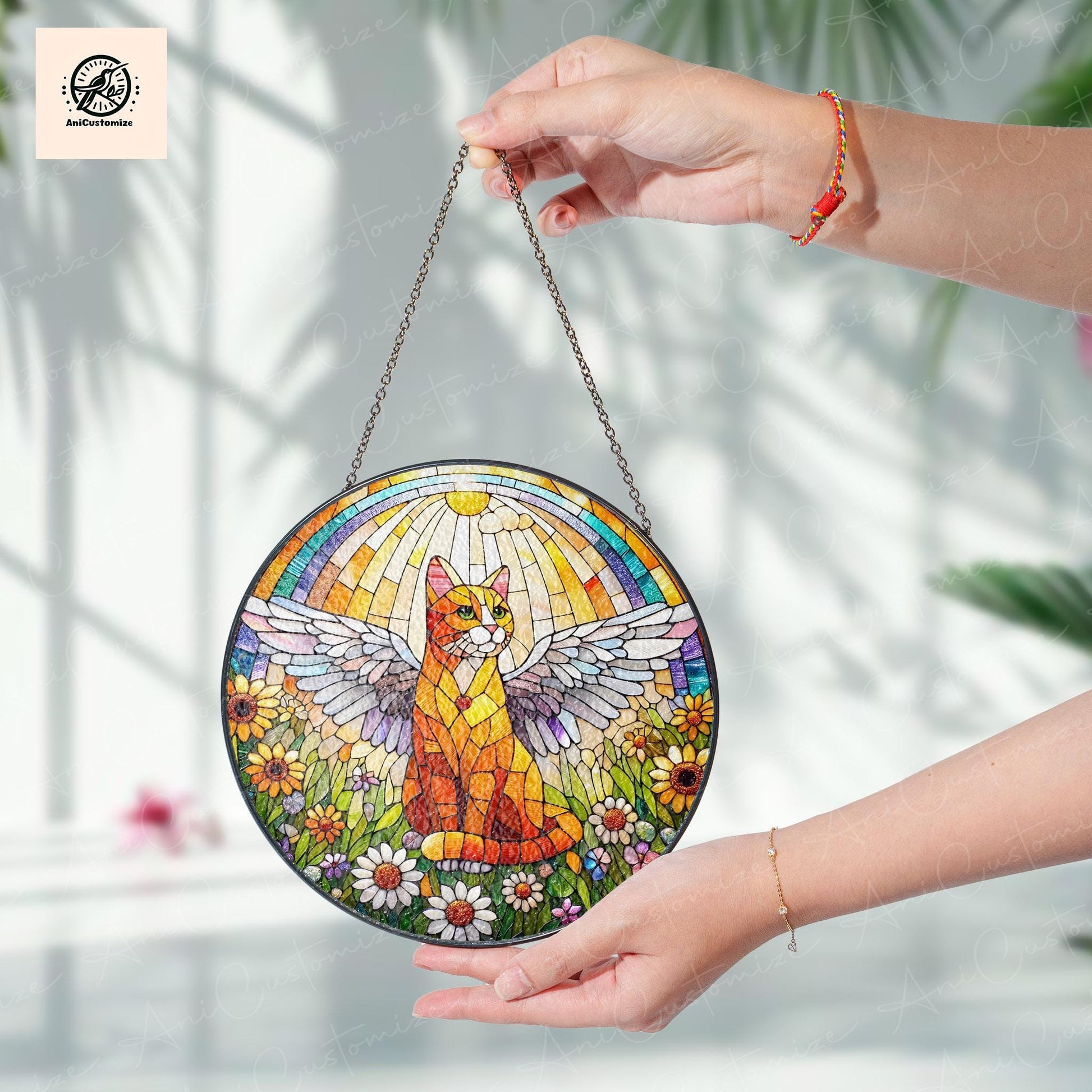 Angel Orange Cat GLASS Decor, Winged Cat Suncatcher, Rainbow Moon Decor, Pet Memorial Gift, Family Room Decoration, Cat Lover Gift Hanging