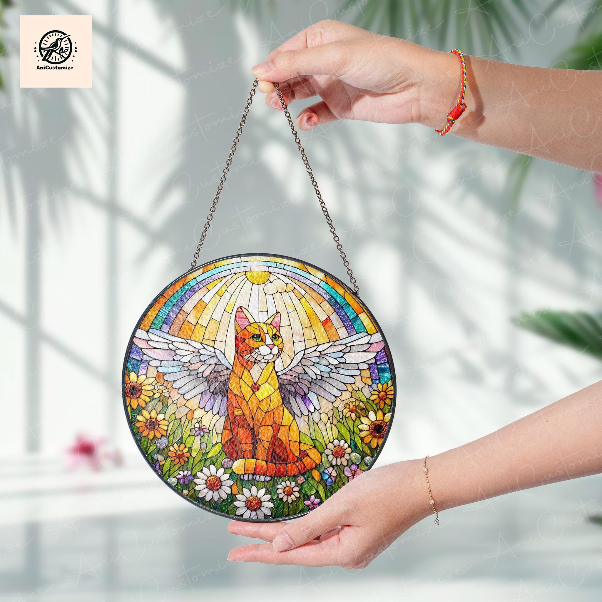 Angel Orange Cat GLASS Decor, Winged Cat Suncatcher, Rainbow Moon Decor, Pet Memorial Gift, Family Room Decoration, Cat Lover Gift Hanging