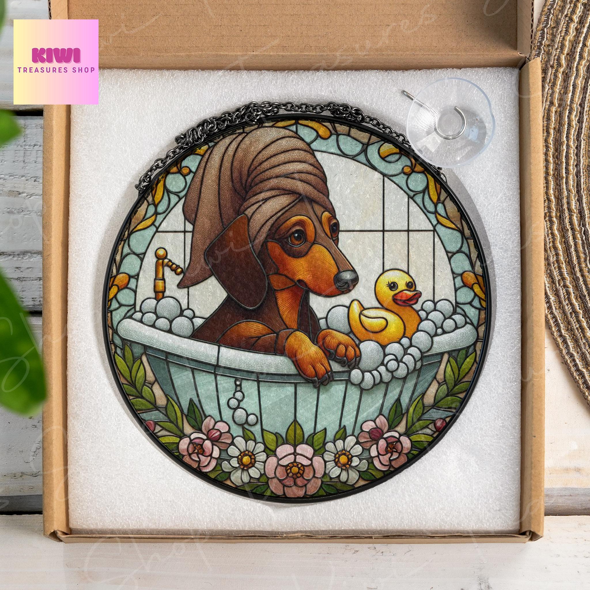 Dachshund in bath tub GLASS Suncatcher Hanging, Funny Otter , dachshund glass ornament, Bathroom decor, Funny Bathroom decor