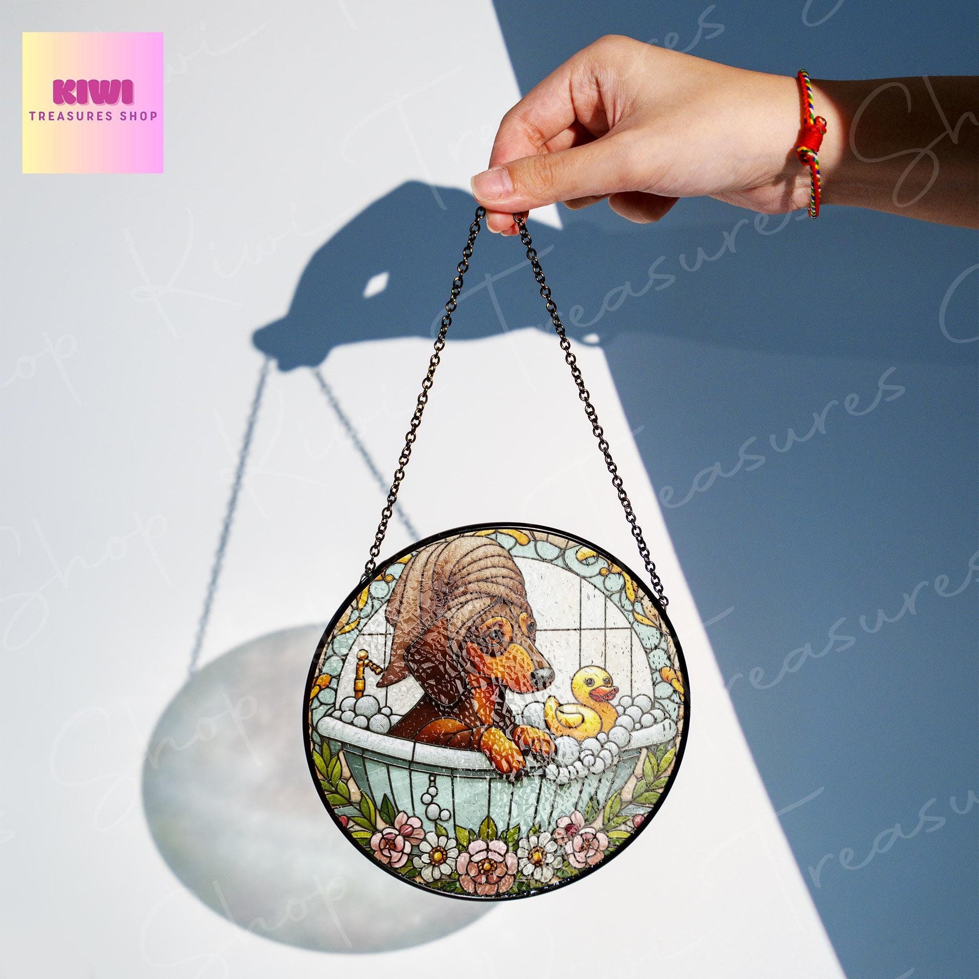 Dachshund in bath tub GLASS Suncatcher Hanging, Funny Otter , dachshund glass ornament, Bathroom decor, Funny Bathroom decor
