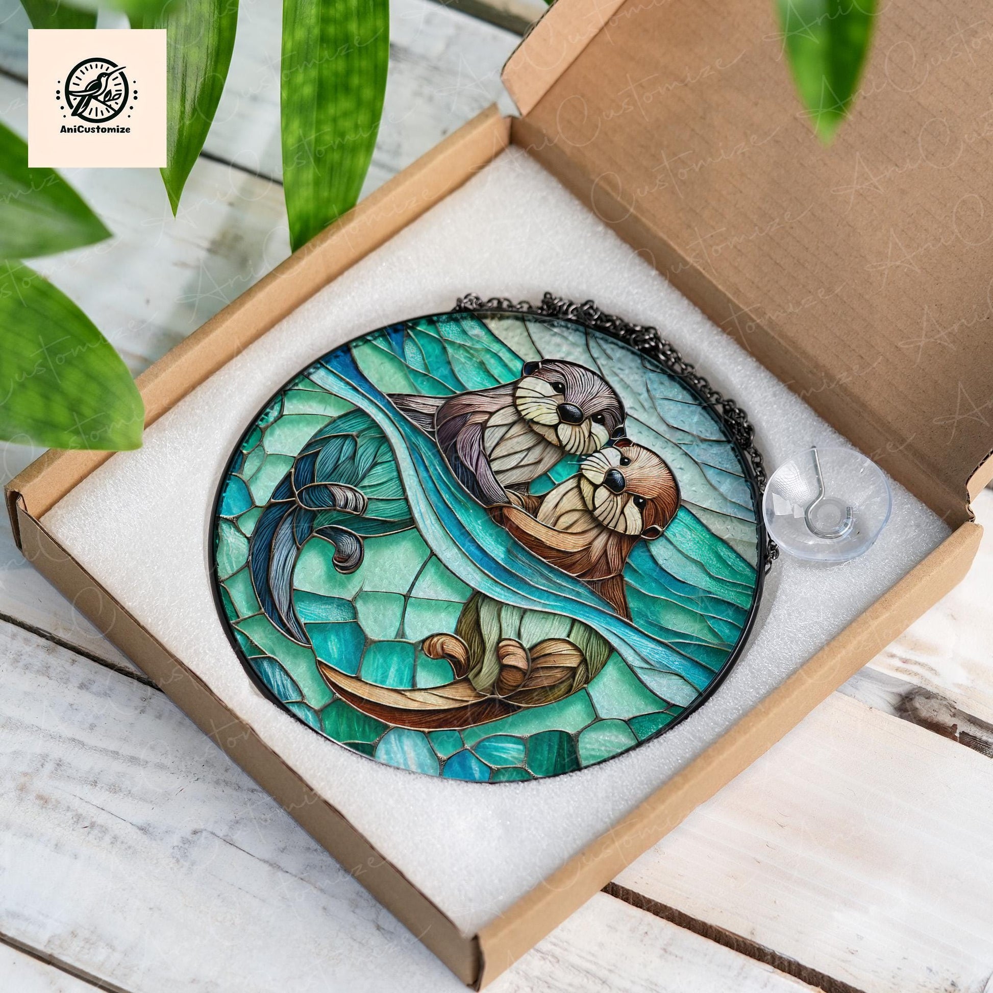 Cute Otter Couple GLASS Suncatcher, Otter Lover Decor, Couple Home Decoration, Valentine Day Decor, Valentine Gift Idea, Otter Gift For Her