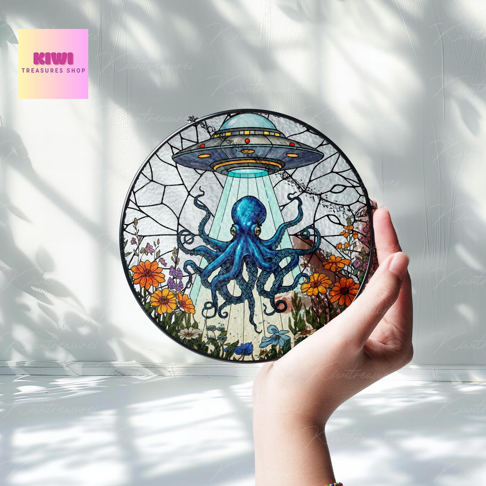 UFO Abduction octopus Glass Hanigng- Funny Gifts for octopus lover, Window Hanging, Indoor Decor, funny octopus glass suncatcher