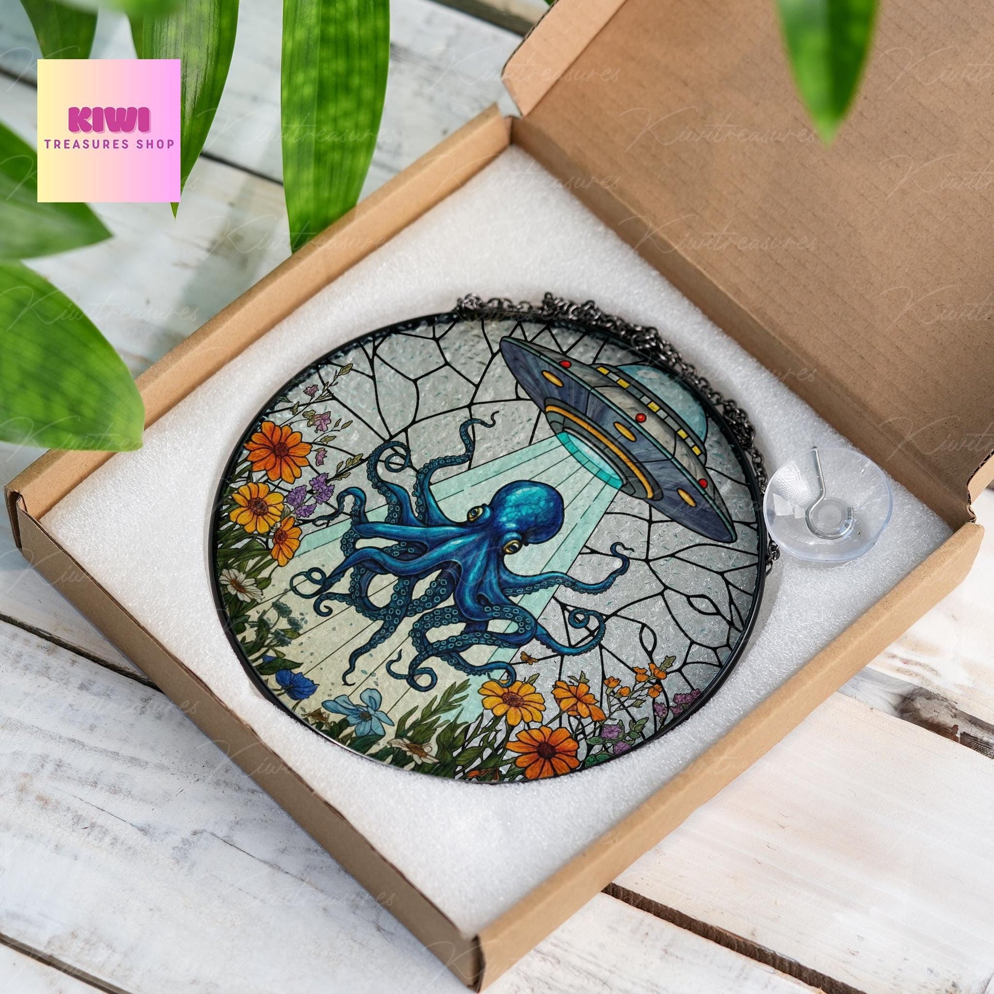UFO Abduction octopus Glass Hanigng- Funny Gifts for octopus lover, Window Hanging, Indoor Decor, funny octopus glass suncatcher