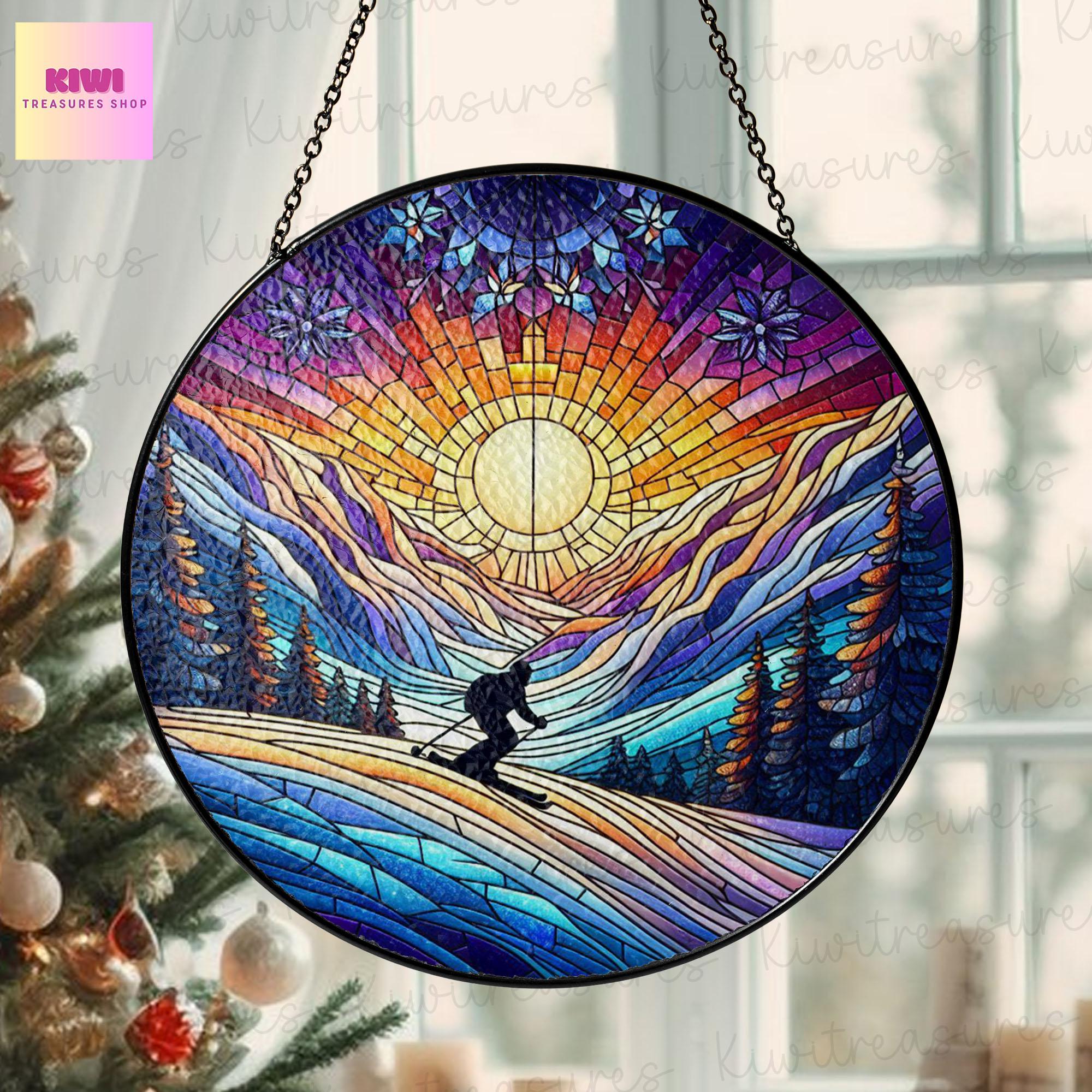 Winter mountain range GLASS Suncatcher Hanging, Sunset Mountain range glass gift for skier lover Home decoration, Skier gift