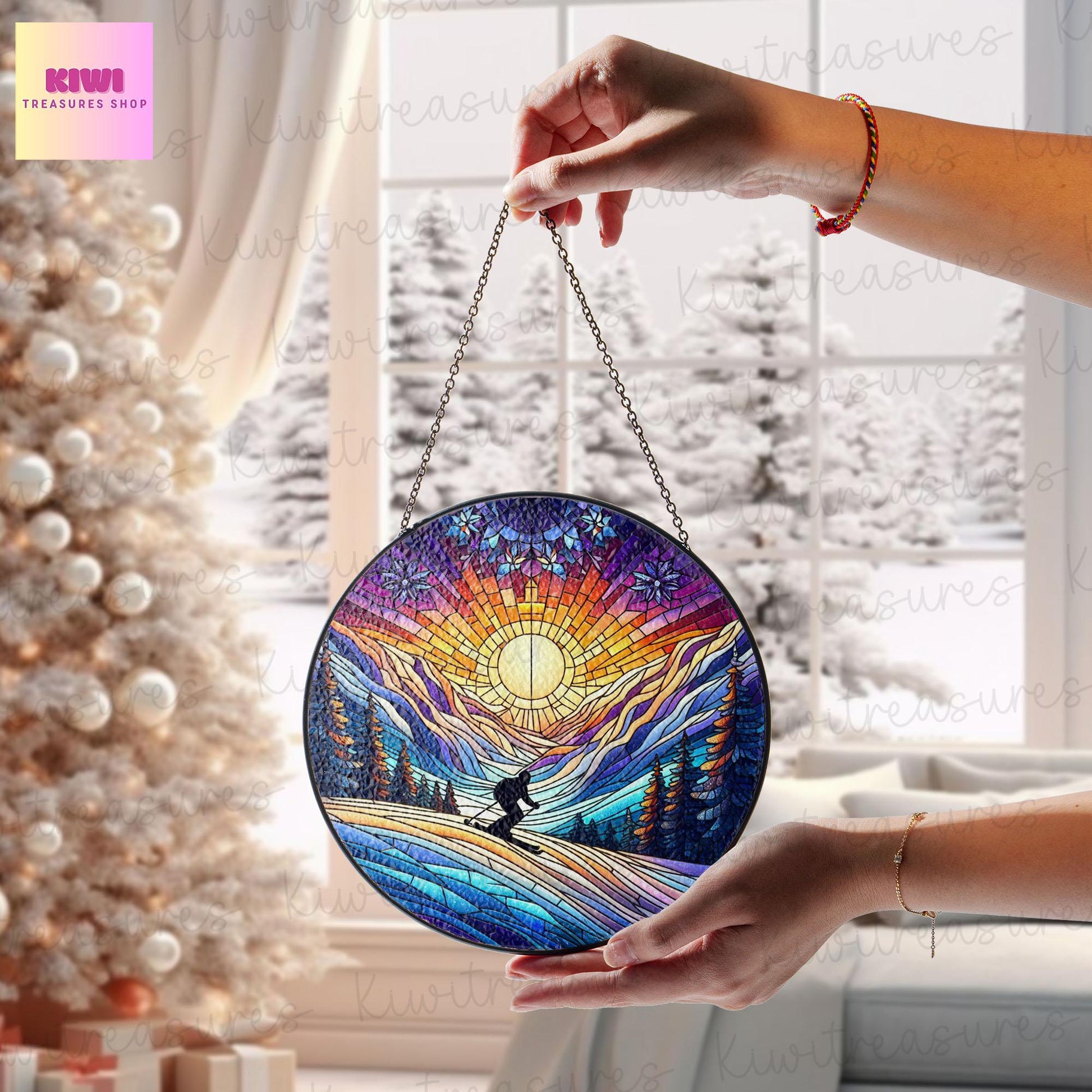 Winter mountain range GLASS Suncatcher Hanging, Sunset Mountain range glass gift for skier lover Home decoration, Skier gift
