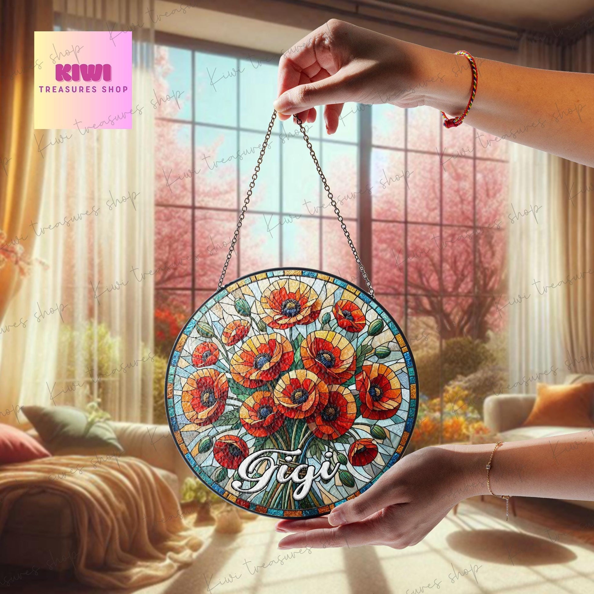 Red Poppies Bouquet custom Gigi GLASS Suncatcher Hanging, Grandma Birth Month glass, Red Poppies field lover gift, poppies Flower suncatcher