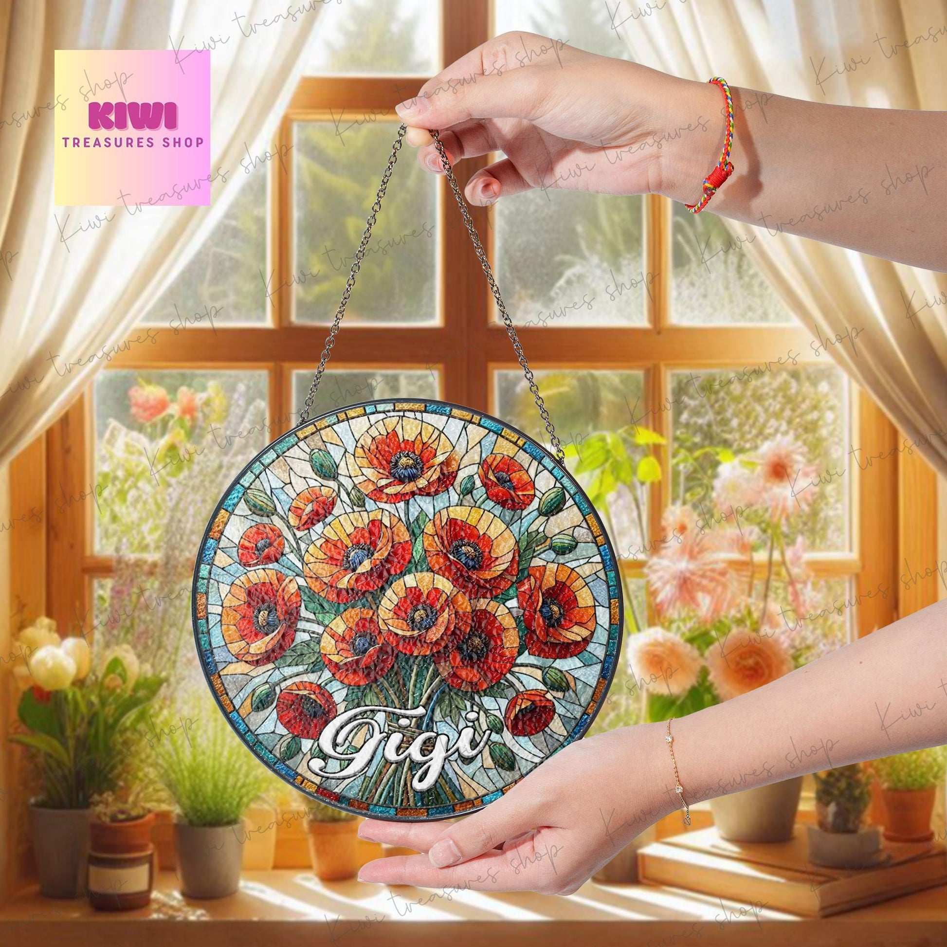 Red Poppies Bouquet custom Gigi GLASS Suncatcher Hanging, Grandma Birth Month glass, Red Poppies field lover gift, poppies Flower suncatcher