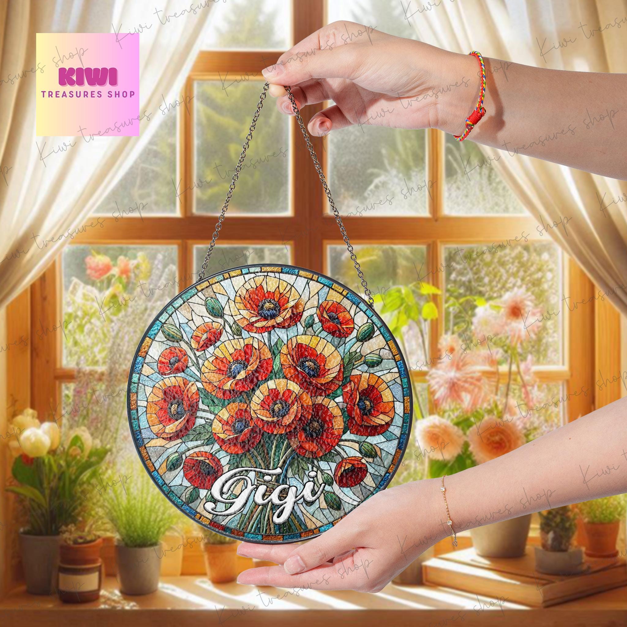 Red Poppies Bouquet custom Gigi GLASS Suncatcher Hanging, Grandma Birth Month glass, Red Poppies field lover gift, poppies Flower suncatcher