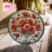 Red Poppies Bouquet custom Gigi GLASS Suncatcher Hanging, Grandma Birth Month glass, Red Poppies field lover gift, poppies Flower suncatcher