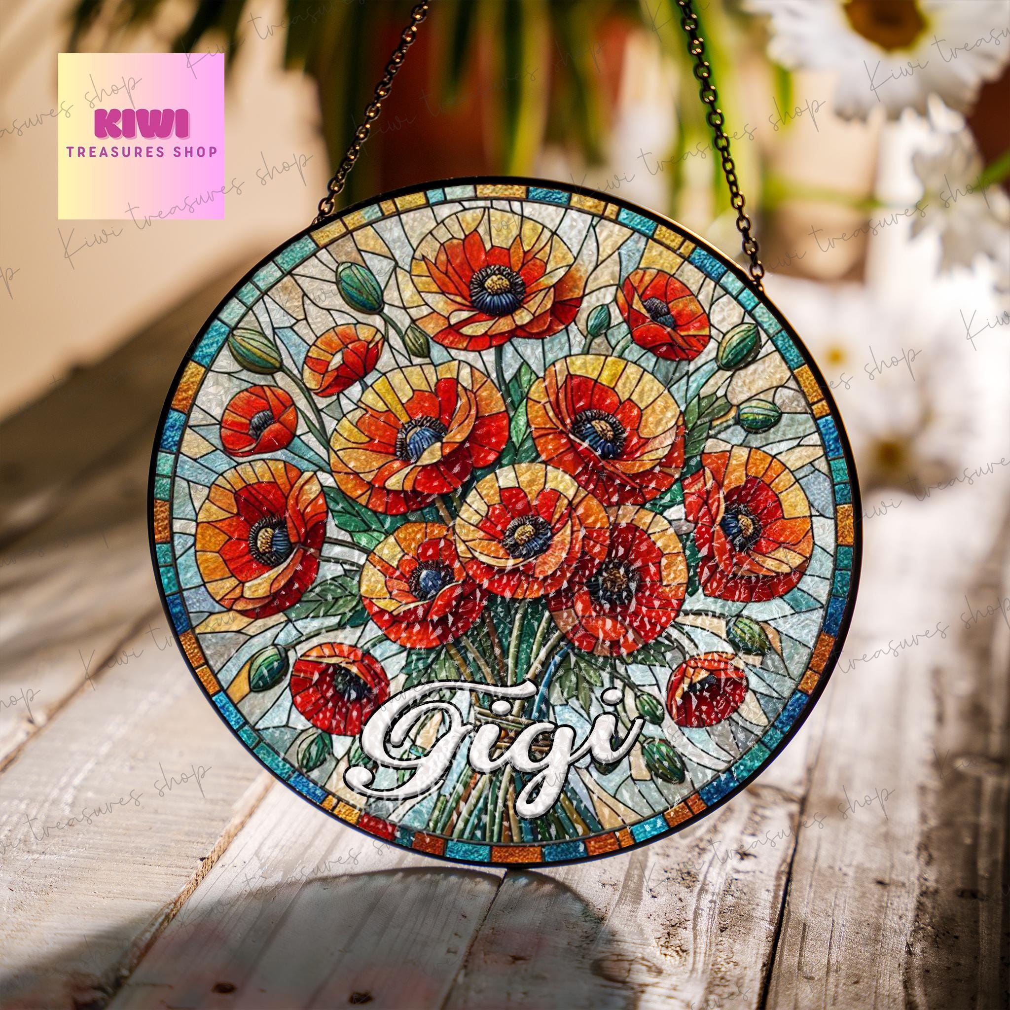 Red Poppies Bouquet custom Gigi GLASS Suncatcher Hanging, Grandma Birth Month glass, Red Poppies field lover gift, poppies Flower suncatcher
