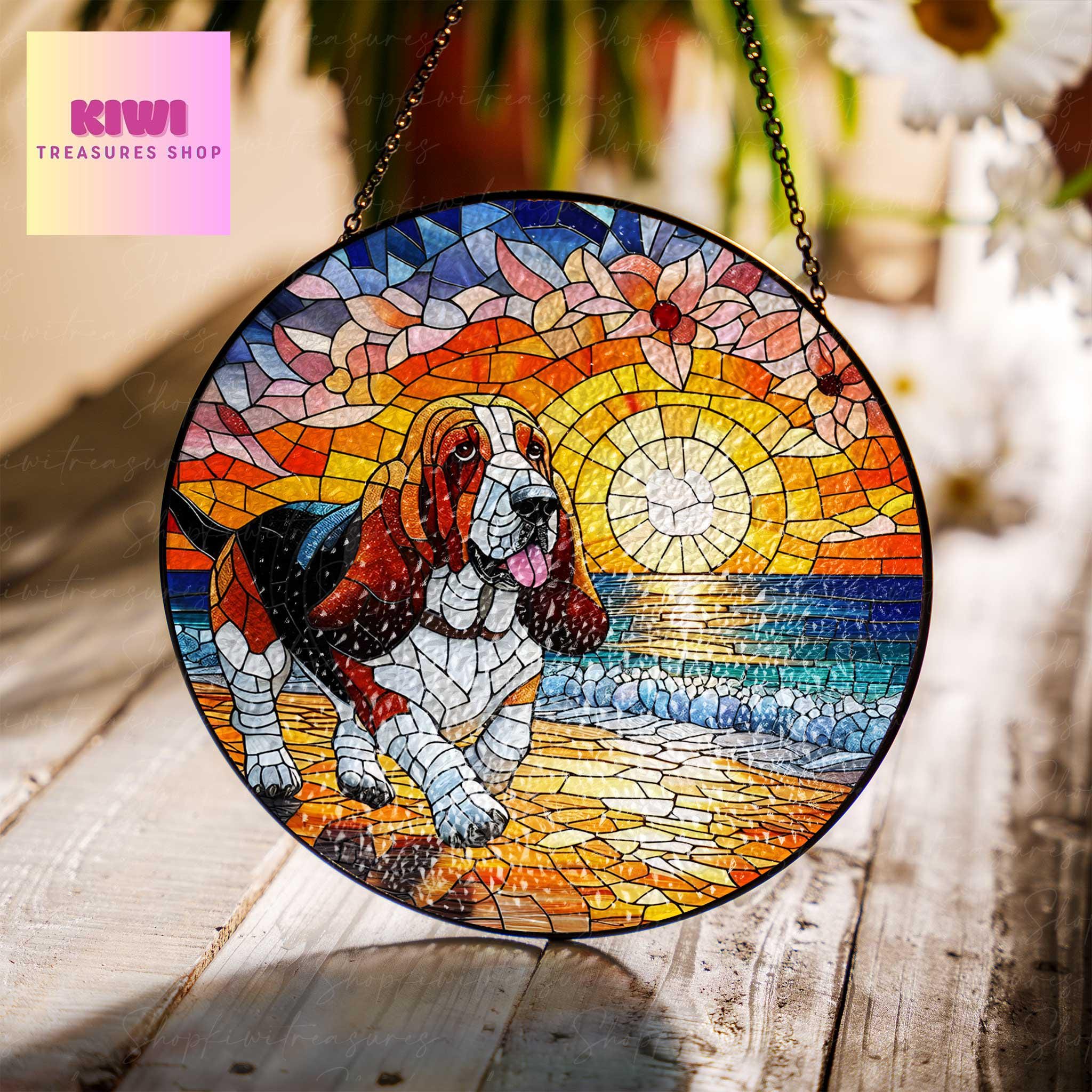 Basset Hound GLASS sunset beach Suncatcher Hanging, Basset Hound Suncatcher Ornament, Dog Lovers Gift, Dog Memorial Gift