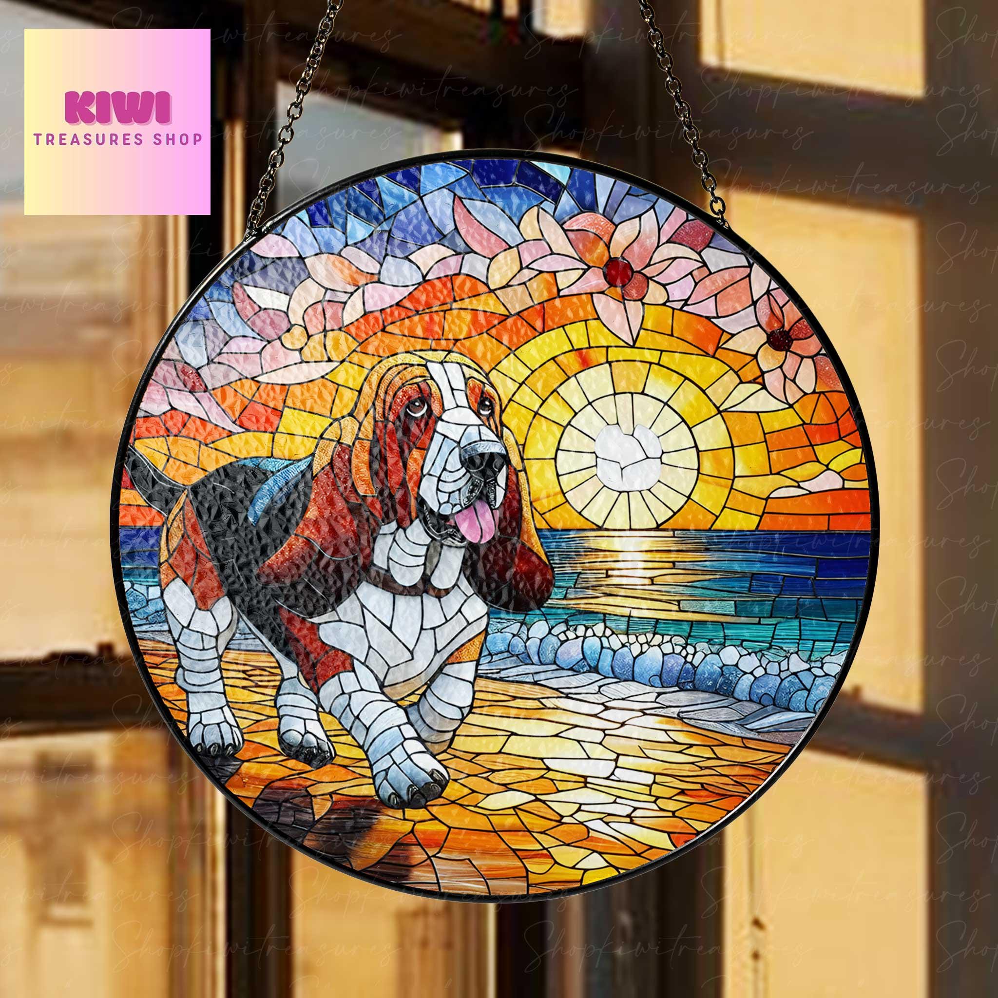 Basset Hound GLASS sunset beach Suncatcher Hanging, Basset Hound Suncatcher Ornament, Dog Lovers Gift, Dog Memorial Gift
