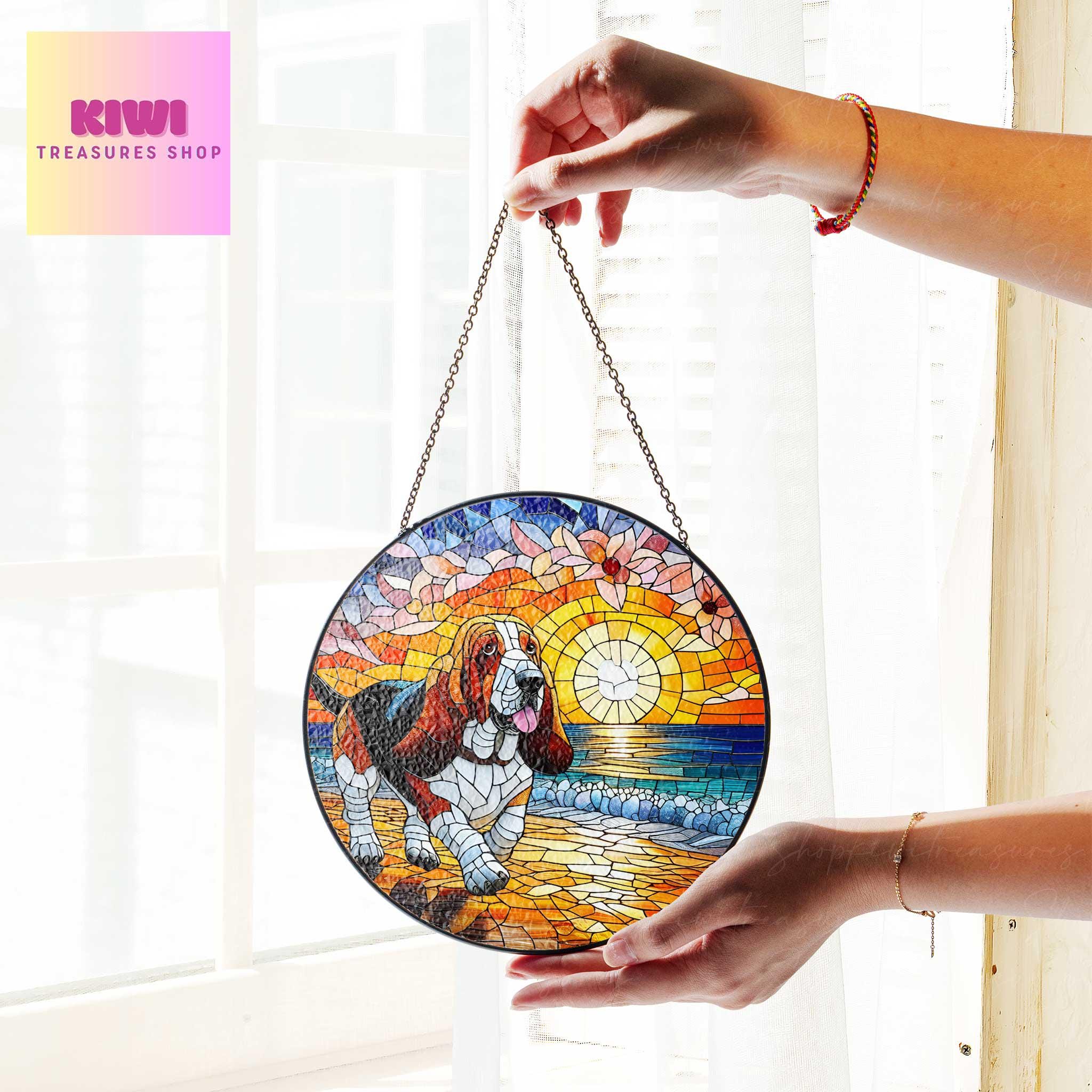 Basset Hound GLASS sunset beach Suncatcher Hanging, Basset Hound Suncatcher Ornament, Dog Lovers Gift, Dog Memorial Gift