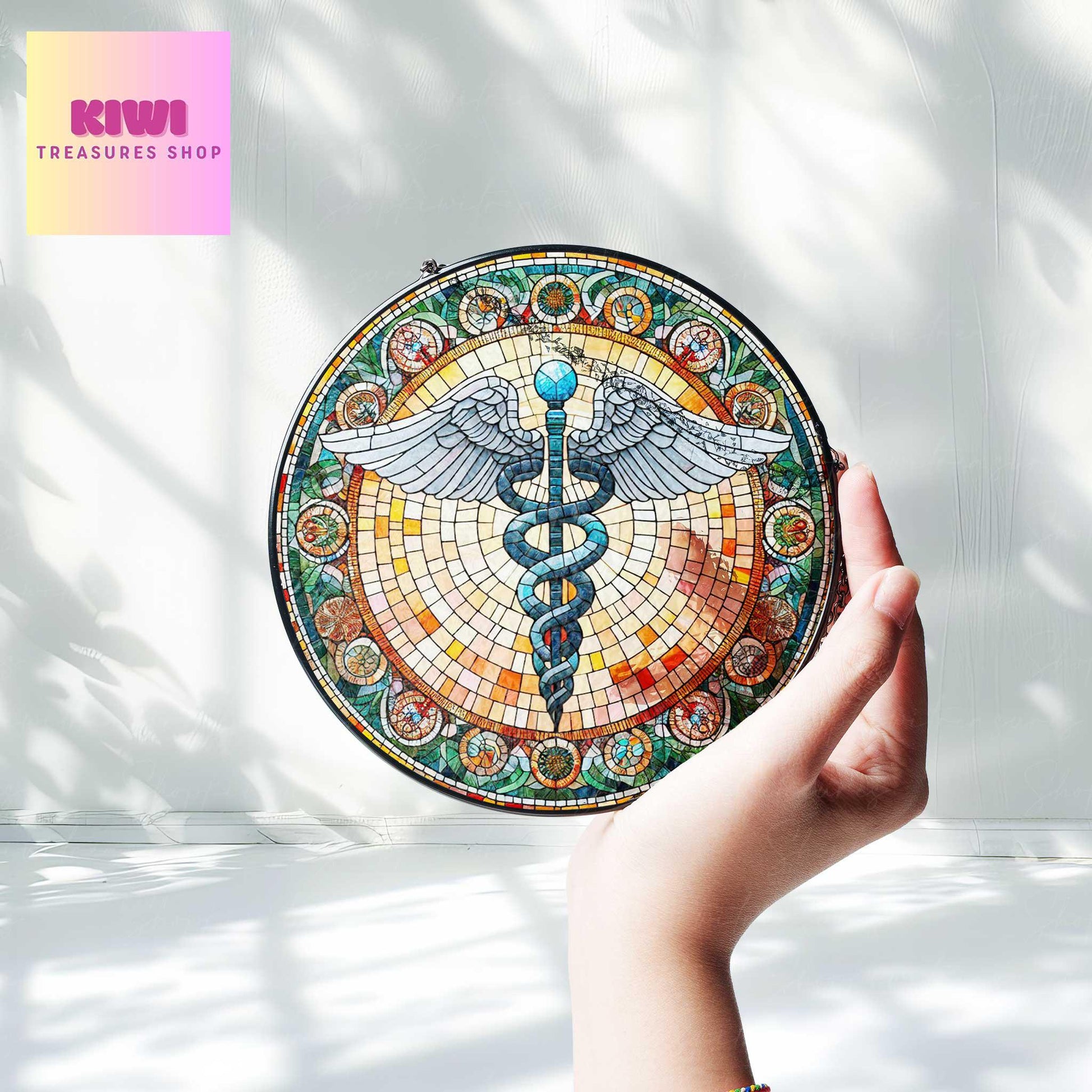 Caduceus GLASS Suncatcher Hanging Medical Nurse gift Window hanging Suncatcher ornament gift for Nurse home decoration, Caduceus ornament