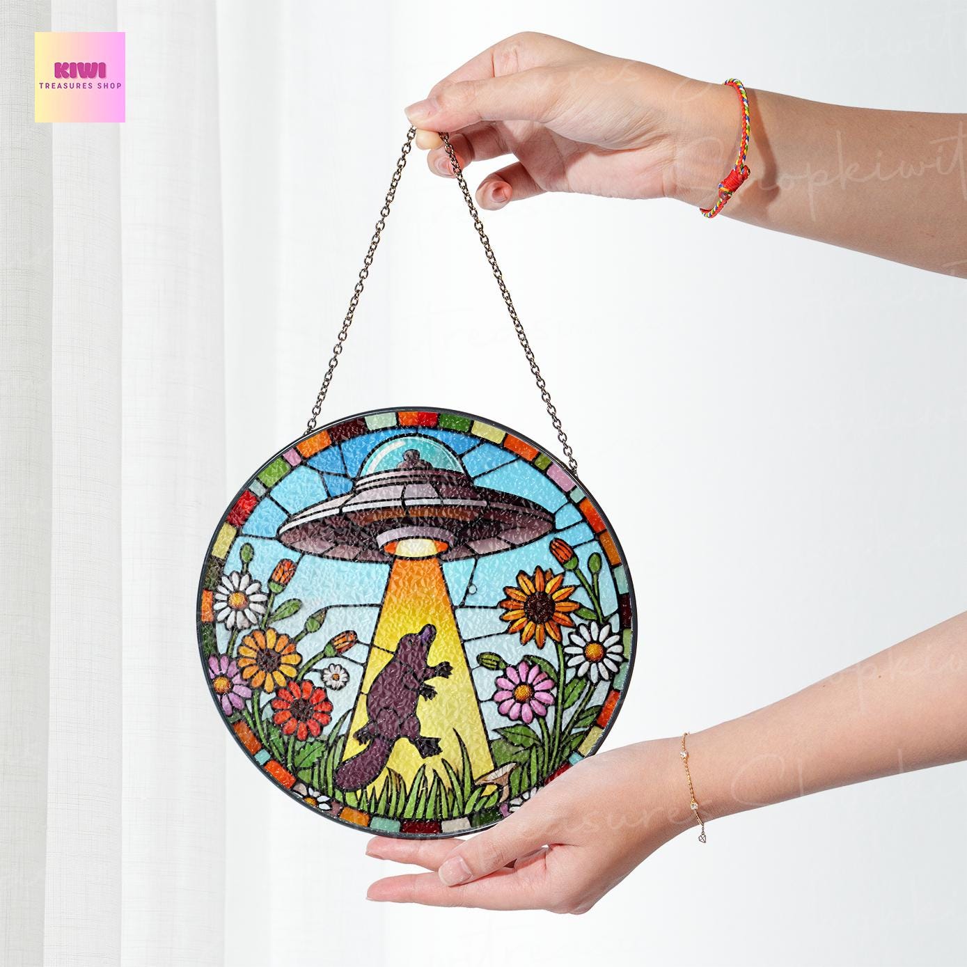 UFO Abduction platypus Wildflowers Glass Hanigng- Funny Gifts for platypus lover, Window Hanging, Indoor Decor, platypus suncatcher,