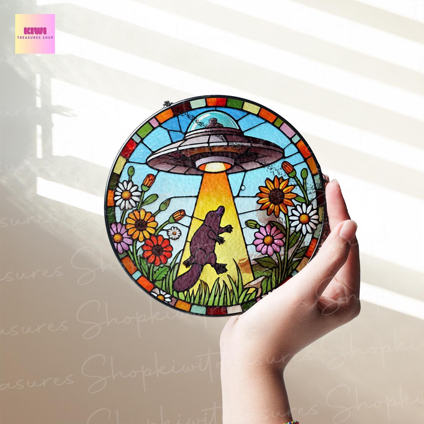 UFO Abduction platypus Wildflowers Glass Hanigng- Funny Gifts for platypus lover, Window Hanging, Indoor Decor, platypus suncatcher,