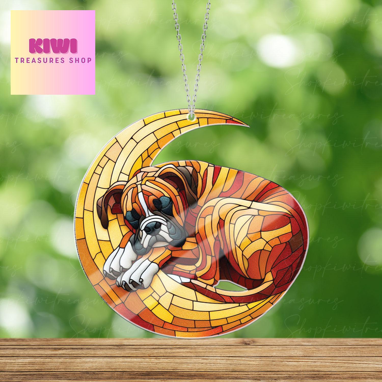 Boxer dog sleep over crescent moon Acrylic Window Hanging, Boxer dog dad gift, NOT Suncatcher, memorial gift, dog owner gift, not glass