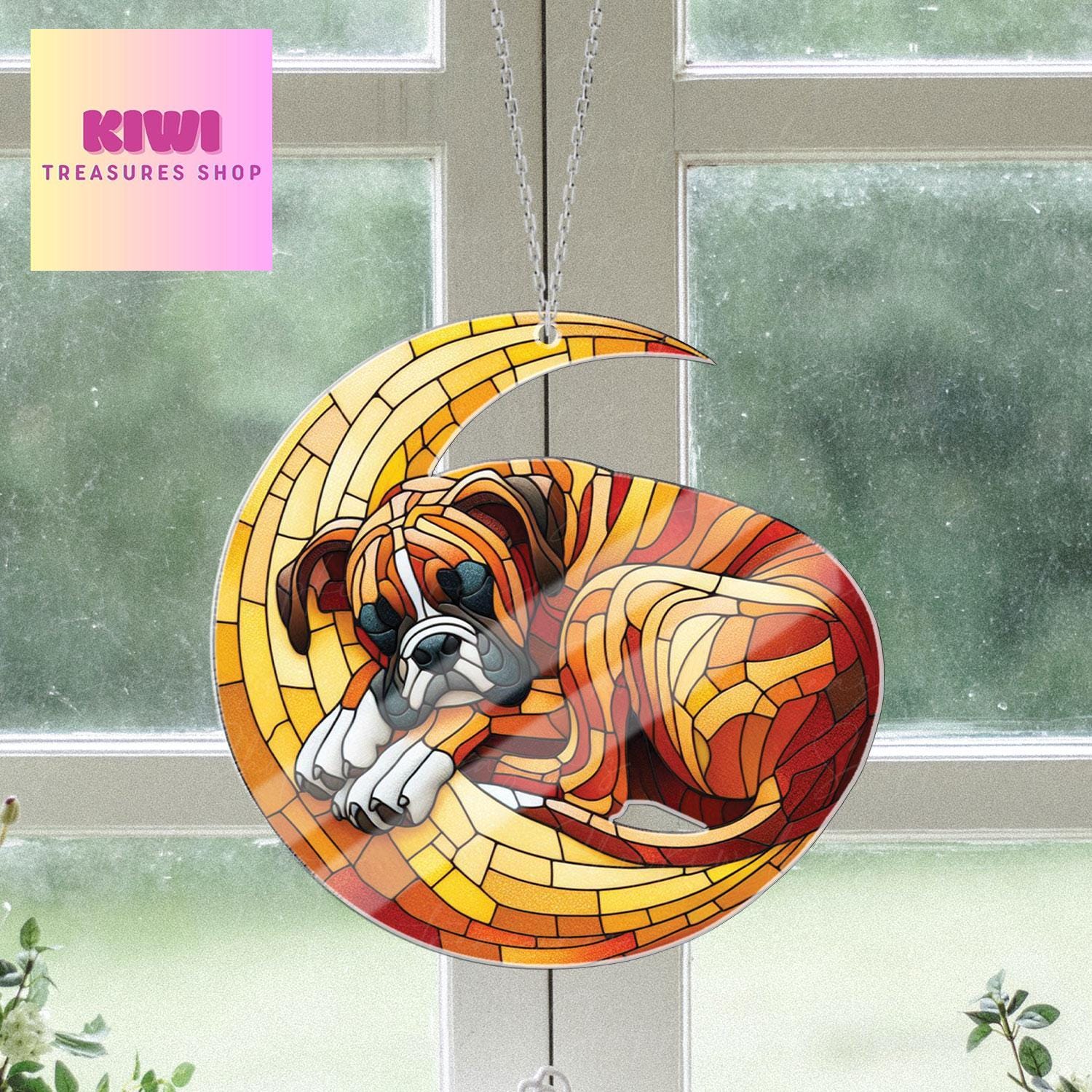 Boxer dog sleep over crescent moon Acrylic Window Hanging, Boxer dog dad gift, NOT Suncatcher, memorial gift, dog owner gift, not glass
