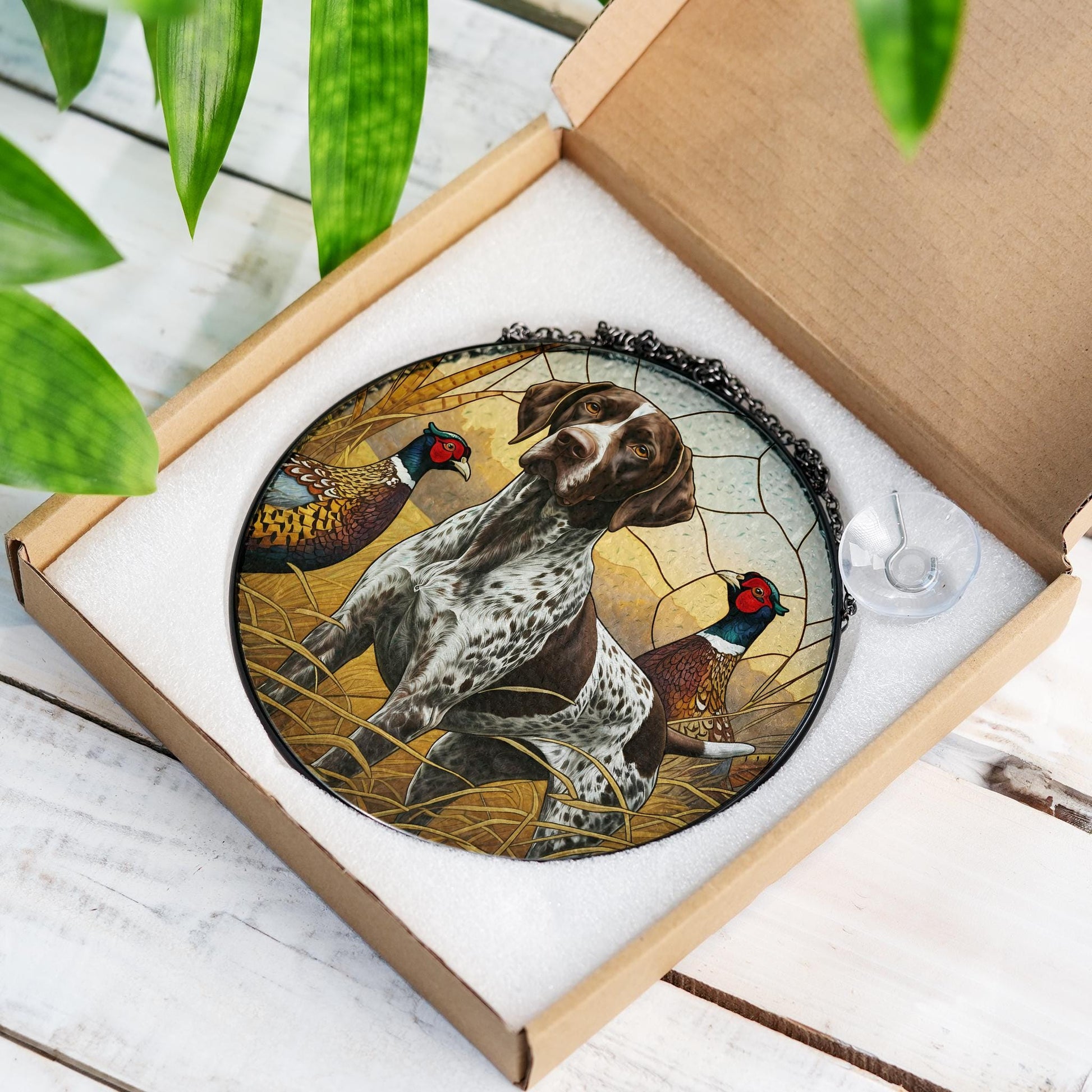 German Shorthaired Pointer Dog Suncatcher, Ring-Necked Pheasants Scene, Perfect Nature Decor for Hunters and Bird Watchers