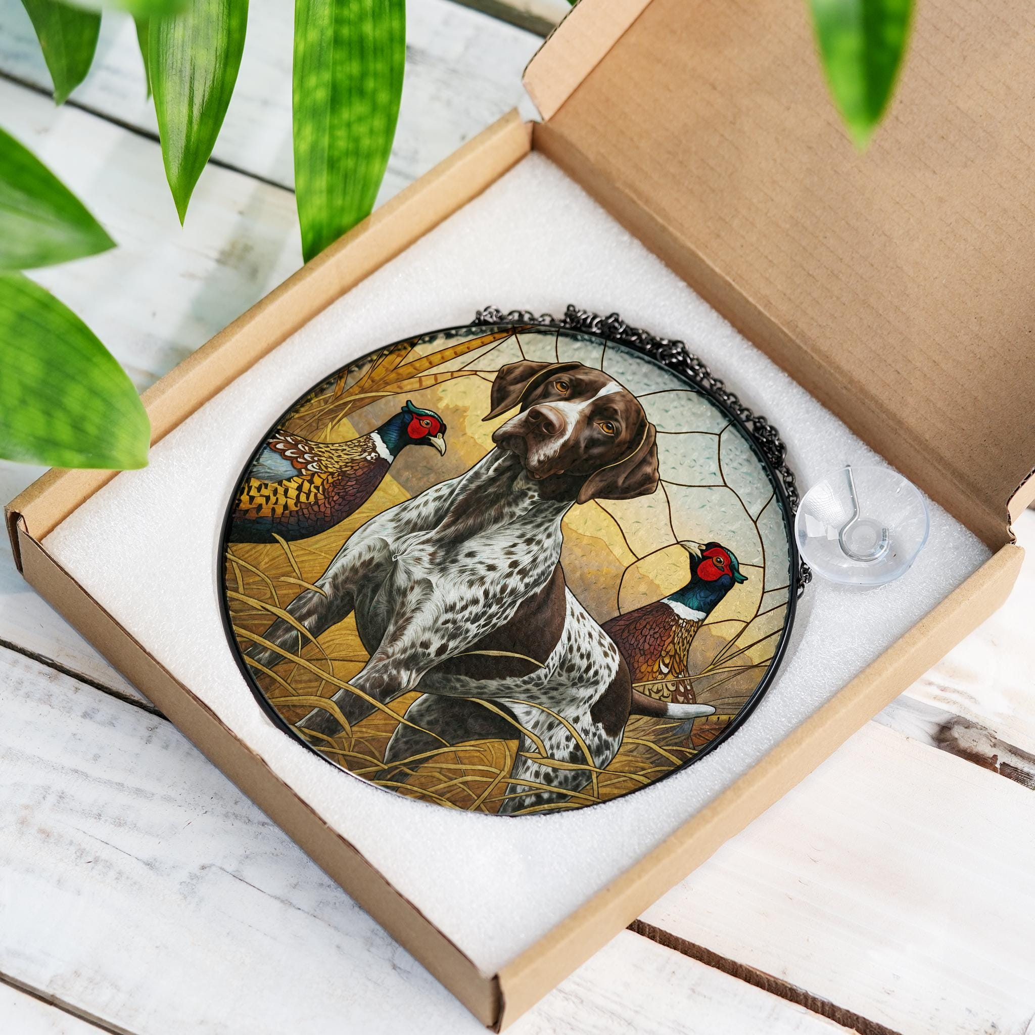 German Shorthaired Pointer Dog Suncatcher, Ring-Necked Pheasants Scene, Perfect Nature Decor for Hunters and Bird Watchers