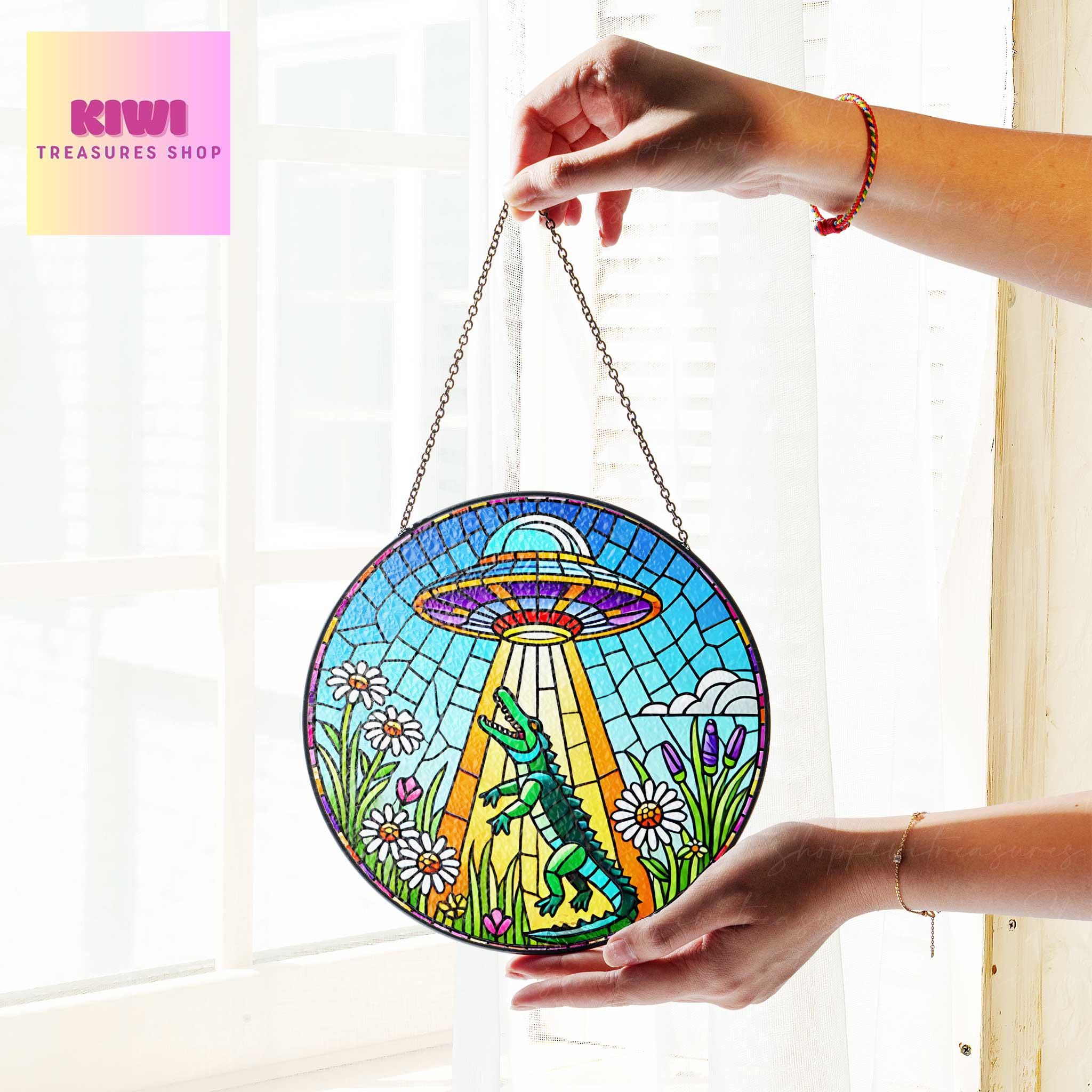 UFO Abduction Alligator Wildflowers Glass Hanigng- Funny Gifts for Alligator  lover, Window Hanging, Indoor Decor, Alligator suncatcher,