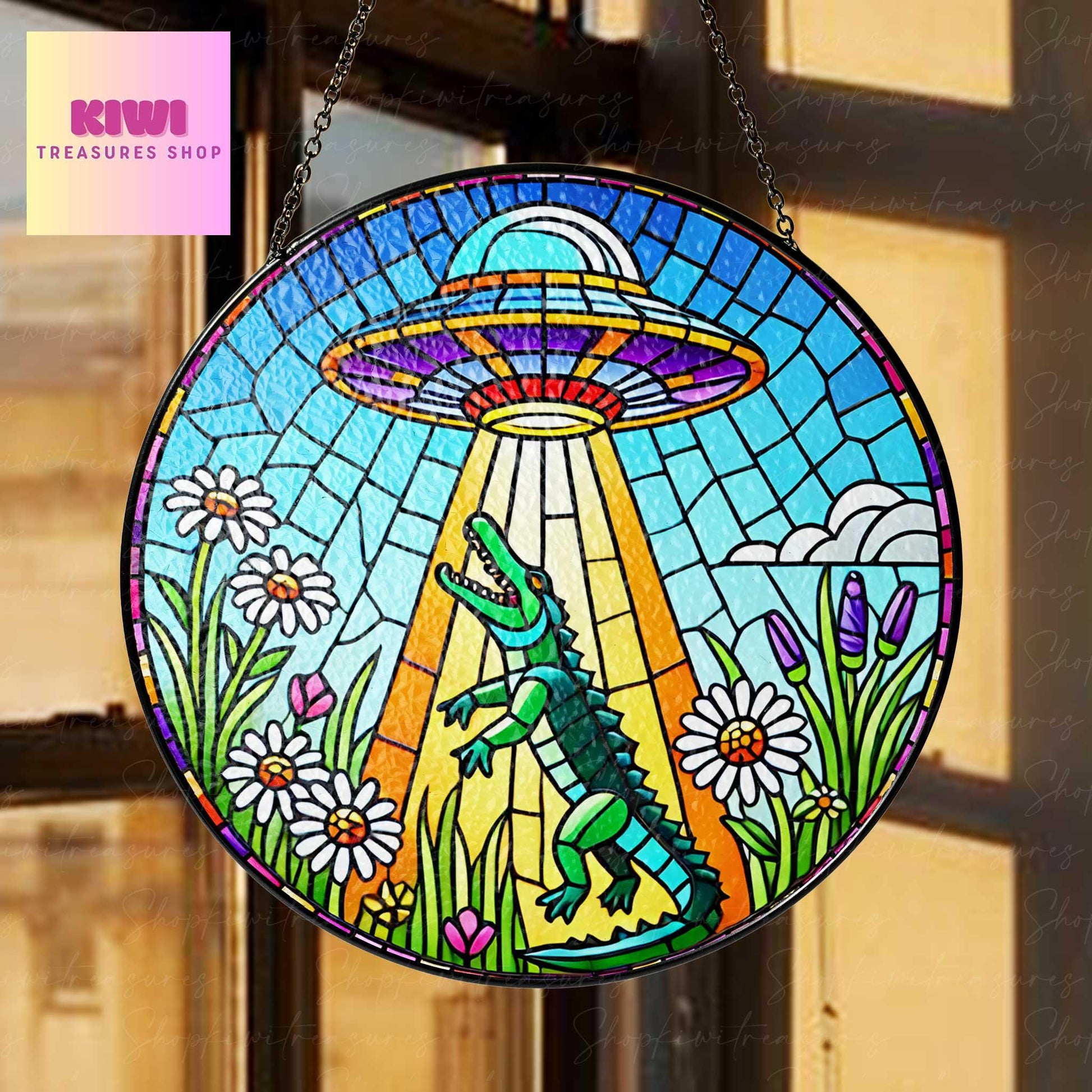 UFO Abduction Alligator Wildflowers Glass Hanigng- Funny Gifts for Alligator  lover, Window Hanging, Indoor Decor, Alligator suncatcher,
