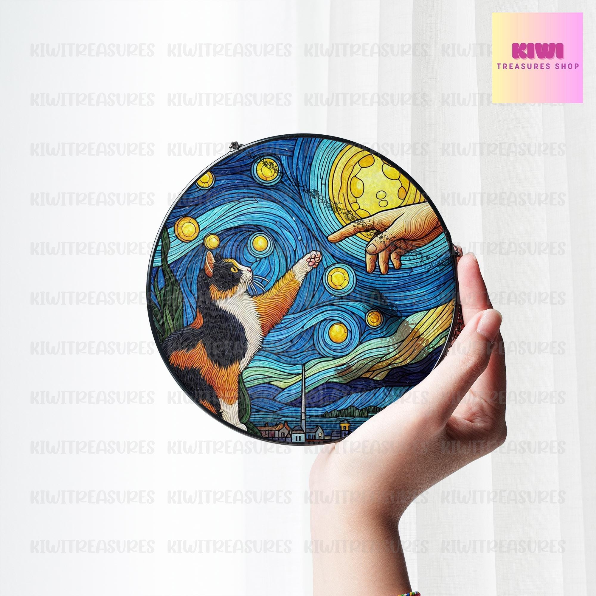 Calico cat touching human hand GLASS suncatcher Hanging, Calico cat glass hanging, starry night Suncatcher, Calico lover gift, memorial gift