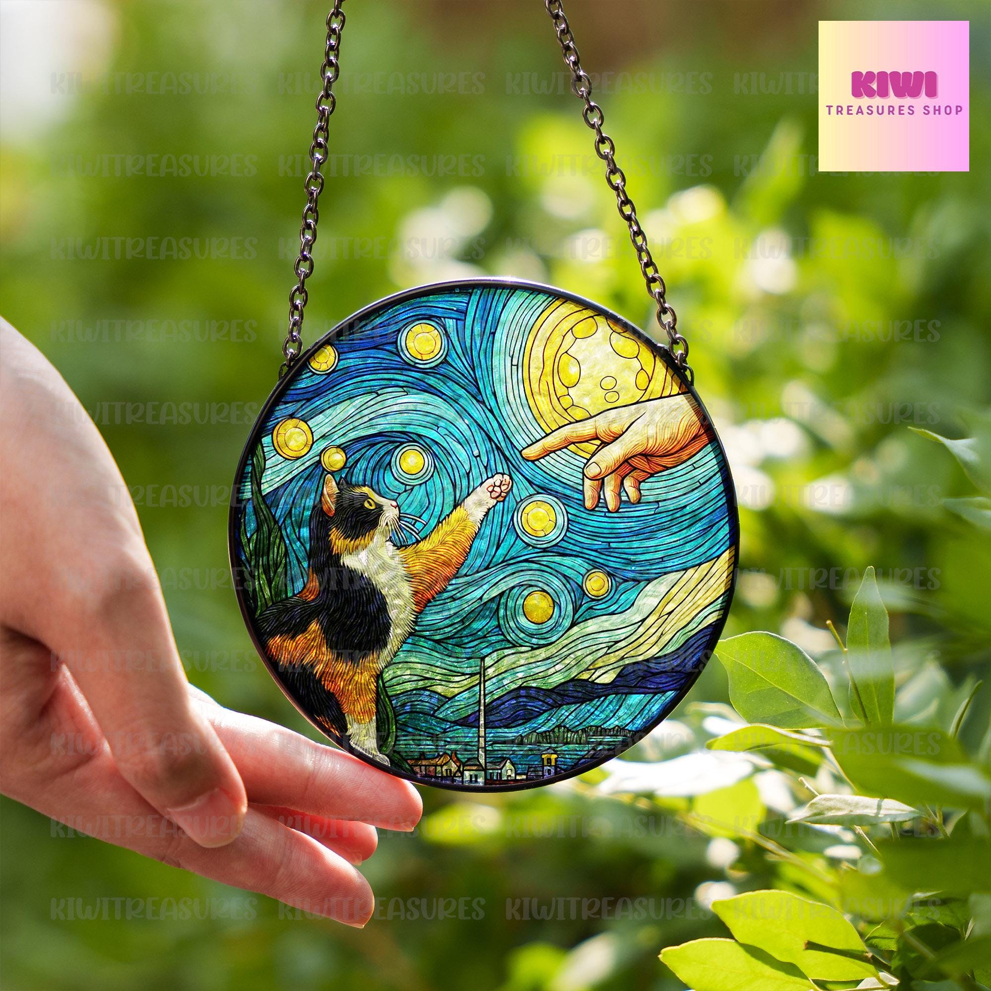 Calico cat touching human hand GLASS suncatcher Hanging, Calico cat glass hanging, starry night Suncatcher, Calico lover gift, memorial gift