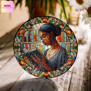 Educated Black woman GLASS Window Hanging, Well read woman Window hanging, Bookshelf suncatcher, Black history, African woman gift