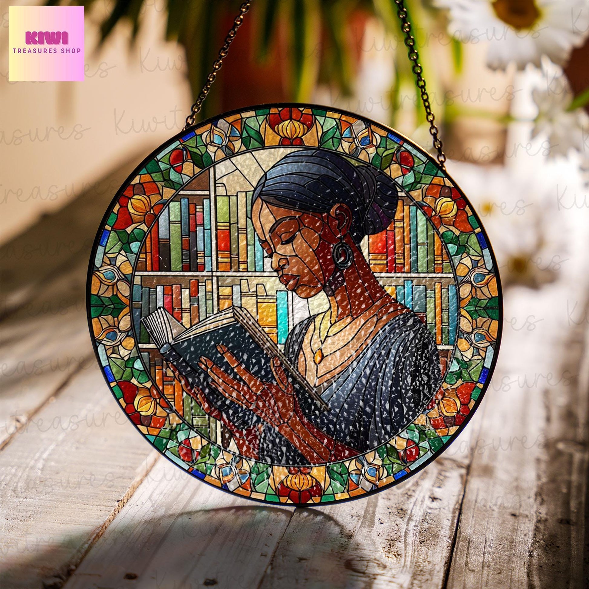 Educated Black woman GLASS Window Hanging, Well read woman Window hanging, Bookshelf suncatcher, Black history, African woman gift