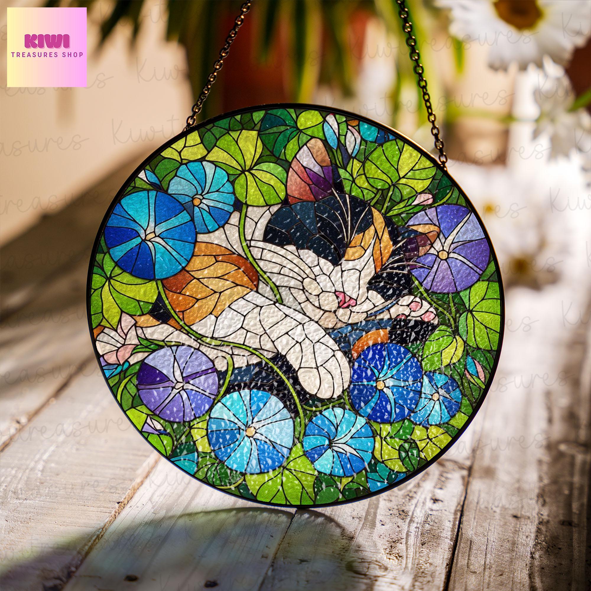 Calico cat sleep among morning glory flowers GLASS suncatcher Hanging, Calico cat glass hanging, Cat Suncatcher, Calico lover gift