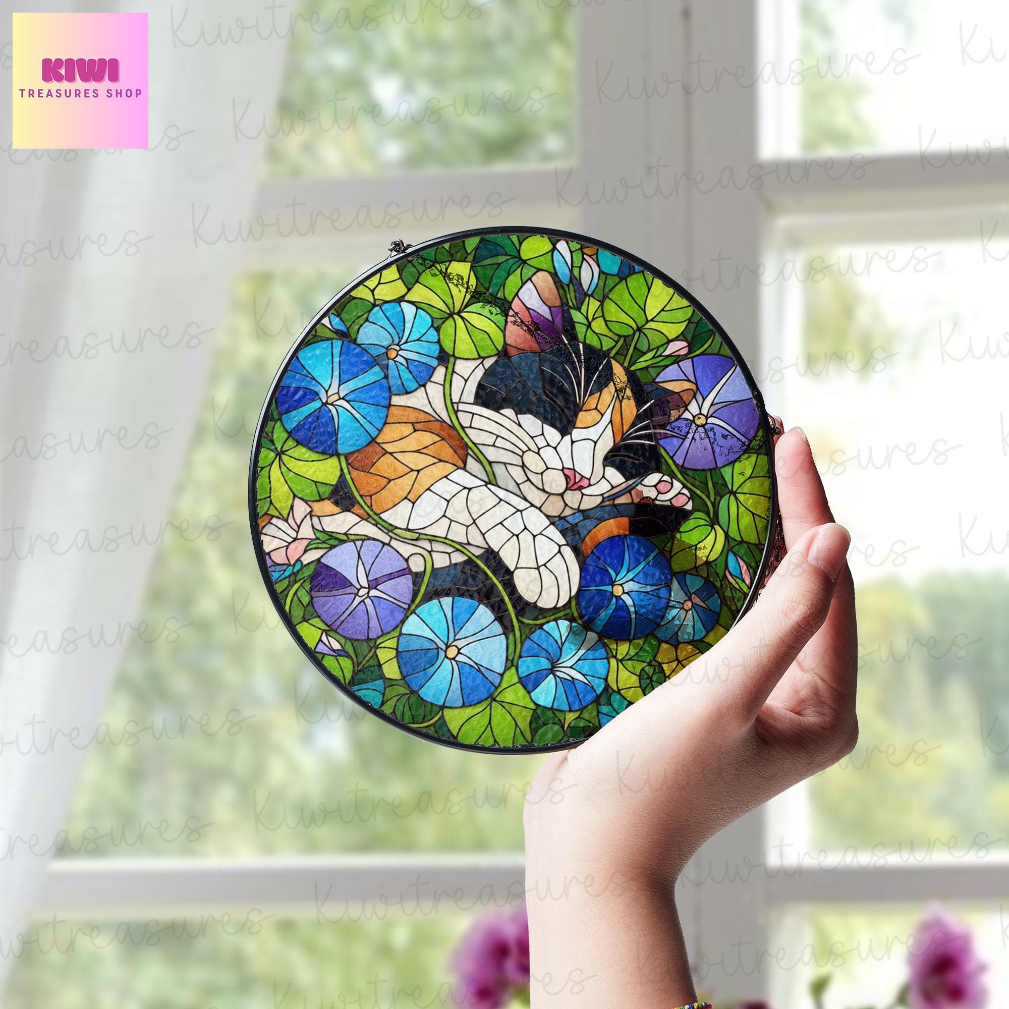 Calico cat sleep among morning glory flowers GLASS suncatcher Hanging, Calico cat glass hanging, Cat Suncatcher, Calico lover gift