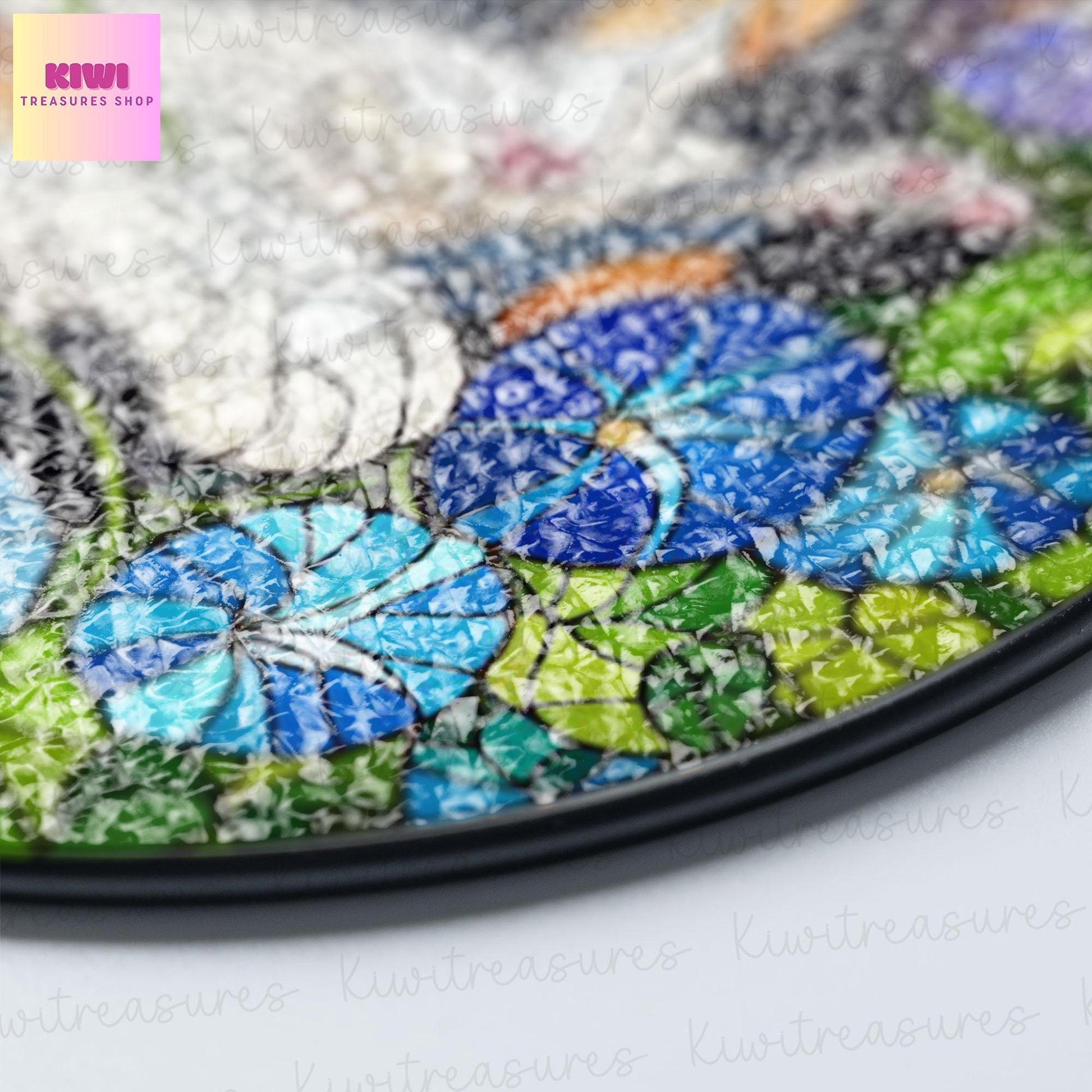 Calico cat sleep among morning glory flowers GLASS suncatcher Hanging, Calico cat glass hanging, Cat Suncatcher, Calico lover gift