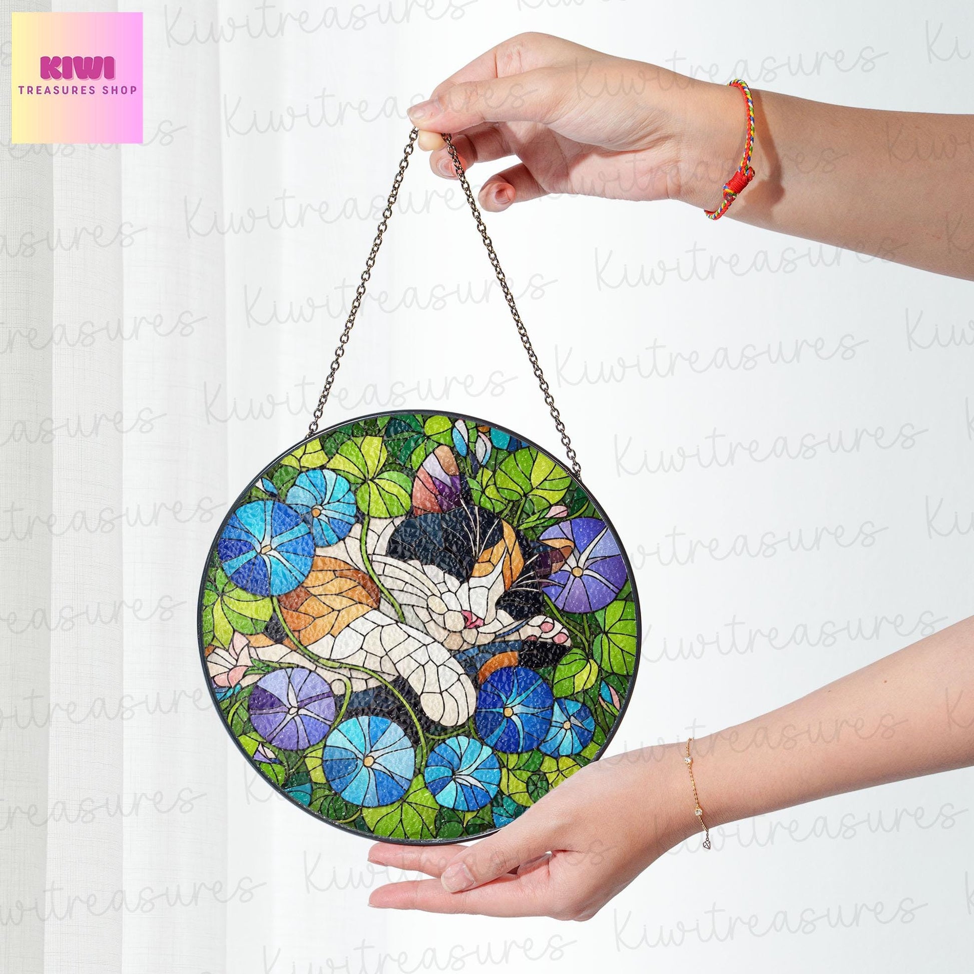 Calico cat sleep among morning glory flowers GLASS suncatcher Hanging, Calico cat glass hanging, Cat Suncatcher, Calico lover gift
