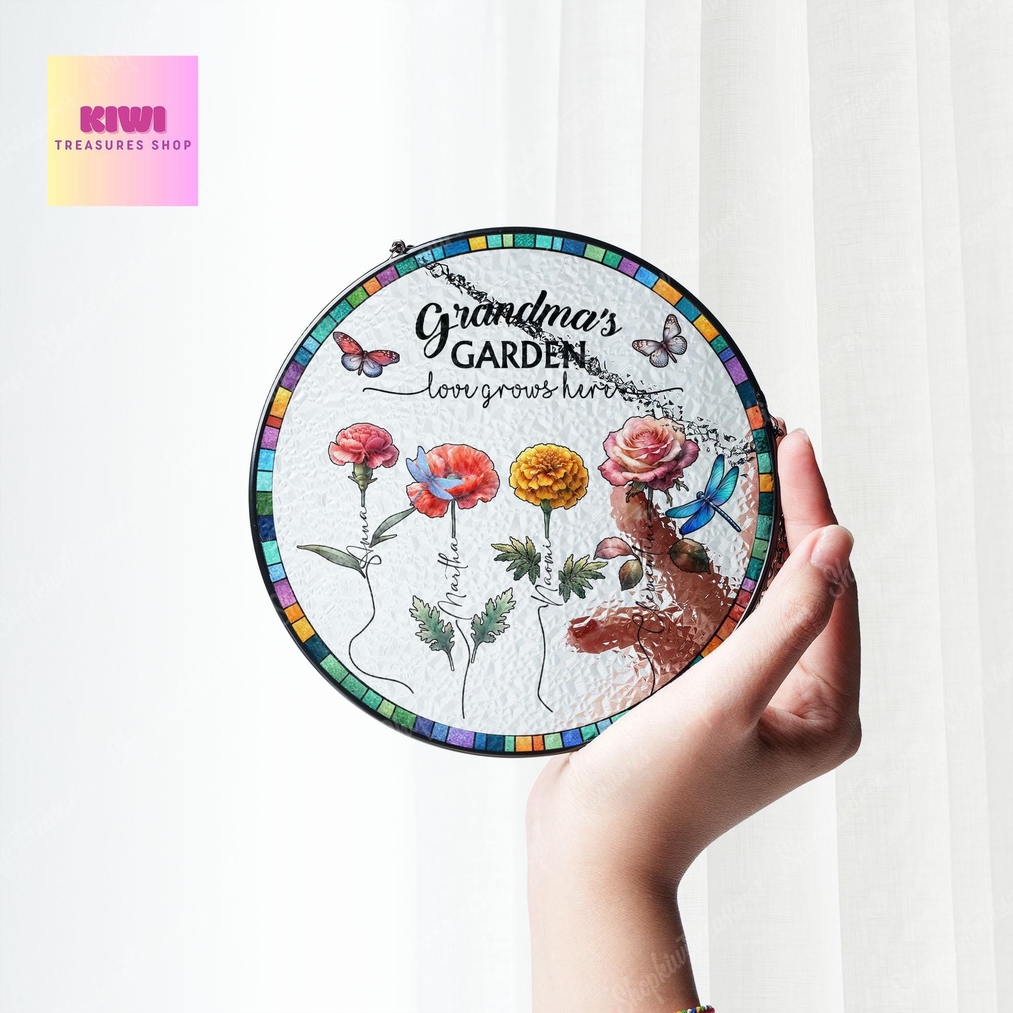 Personalized Birth Month Flowers Mom Grandma Garden Glass Suncatcher, Birth Flower Glass Ornament For Mom Nana, Custom Bouquet flowers Decor