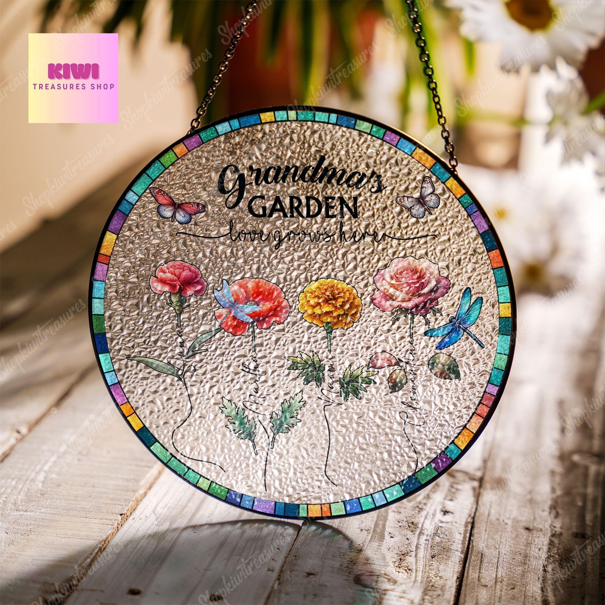 Personalized Birth Month Flowers Mom Grandma Garden Glass Suncatcher, Birth Flower Glass Ornament For Mom Nana, Custom Bouquet flowers Decor