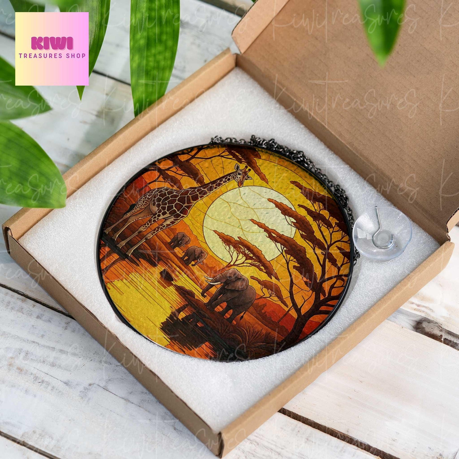 African Safari Glass Suncatcher,  Africa Savannah Travel, Vacation Keepsake Souvenir for Safari Animal Lovers, Traveler gift, home decor