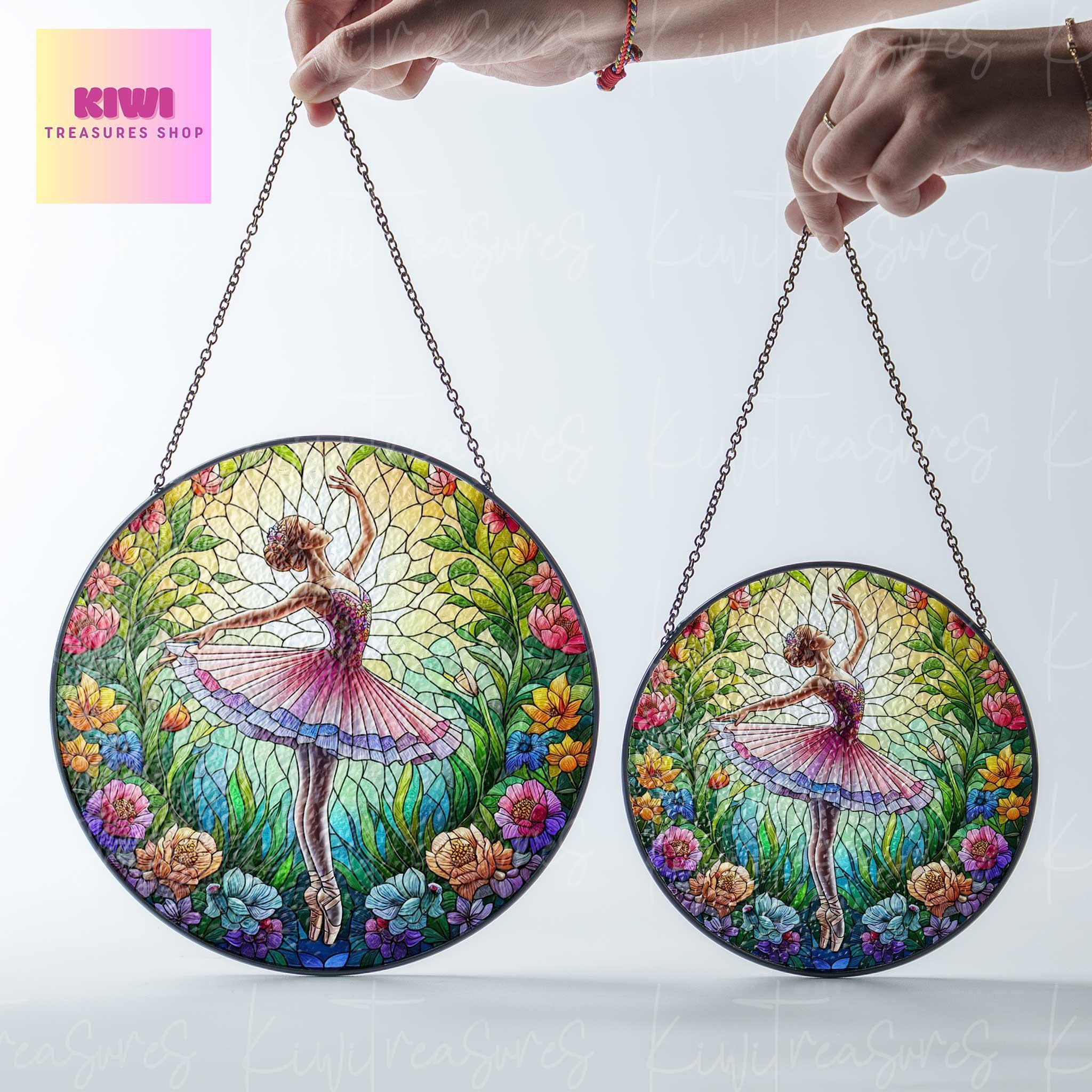 Ballet Girl among wildflower GLASS Suncatcher Hanging, Ballerina idea gift Home decoration for Ballet teacher window hanging ballet lover