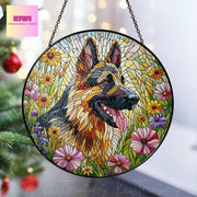 Germand shepherd wildflowers GLASS Suncatcher Hanging, german shepherd suncatcher window decor, dog mom gift suncatcher hanging